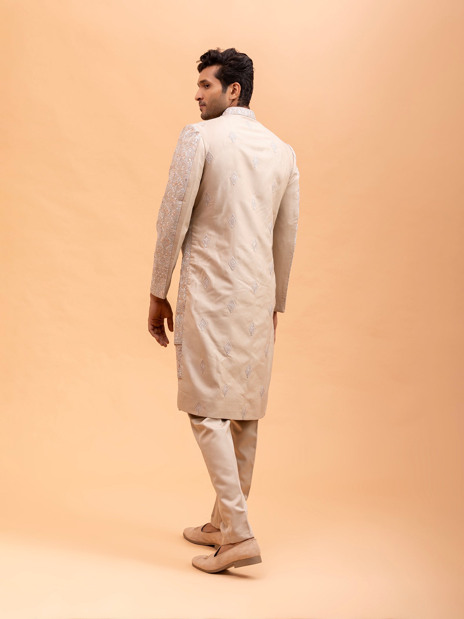 Beige Floral Embroidered Sherwani Set