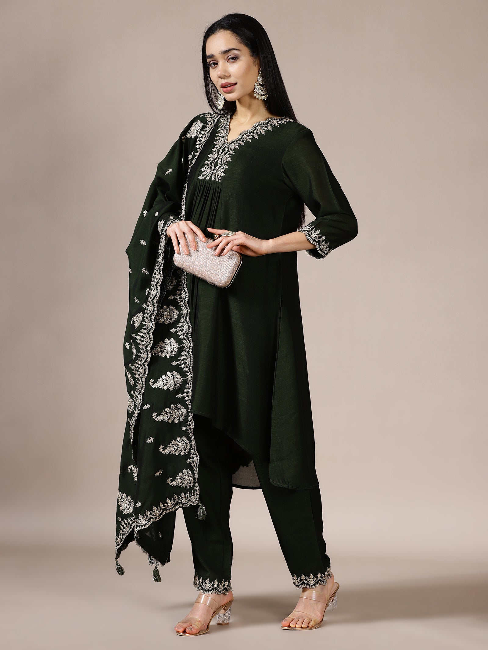 Emerald V-Neck Embellished Suit Set