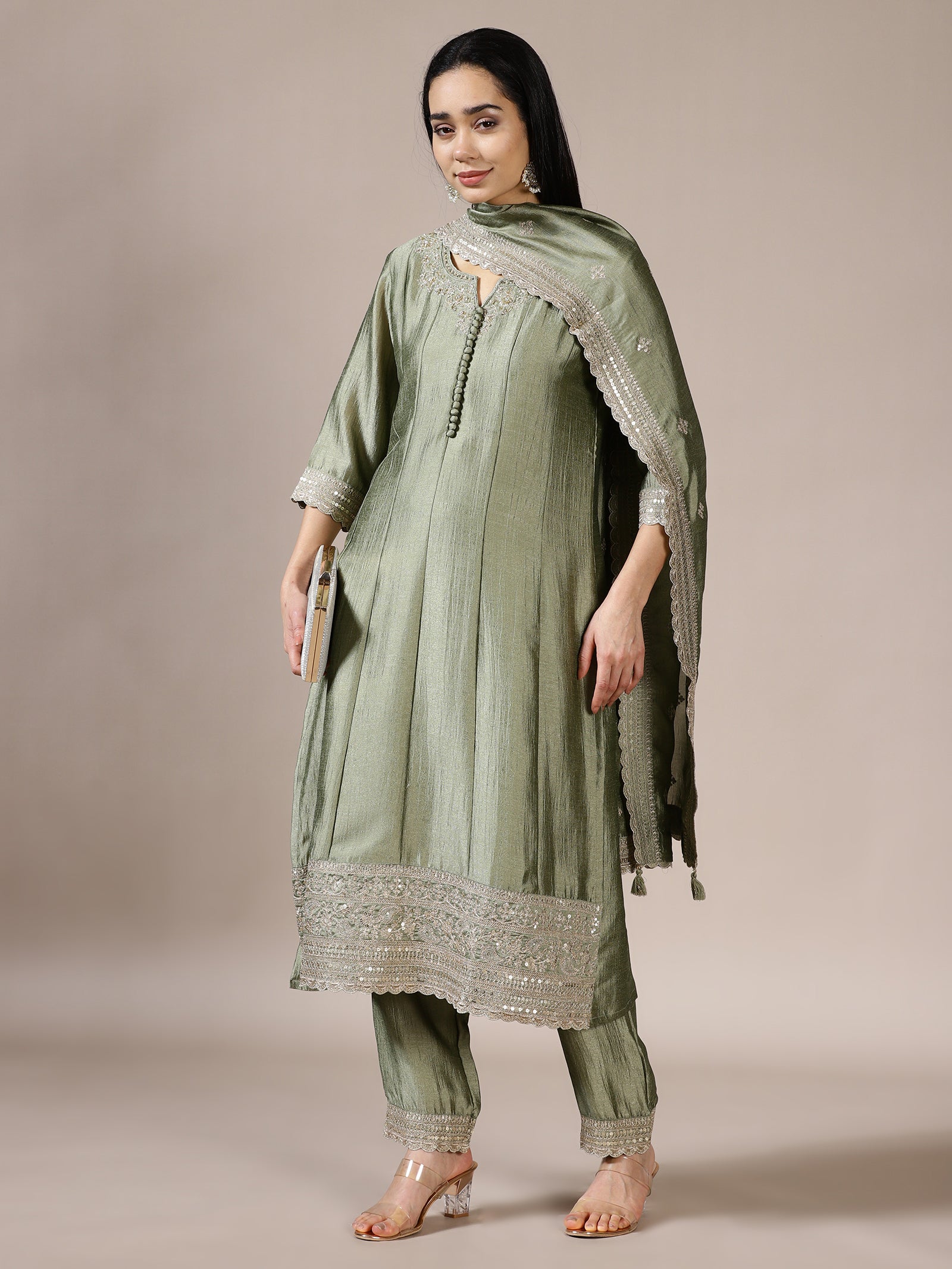 Light Sage Silk Pleated Embroidered Set