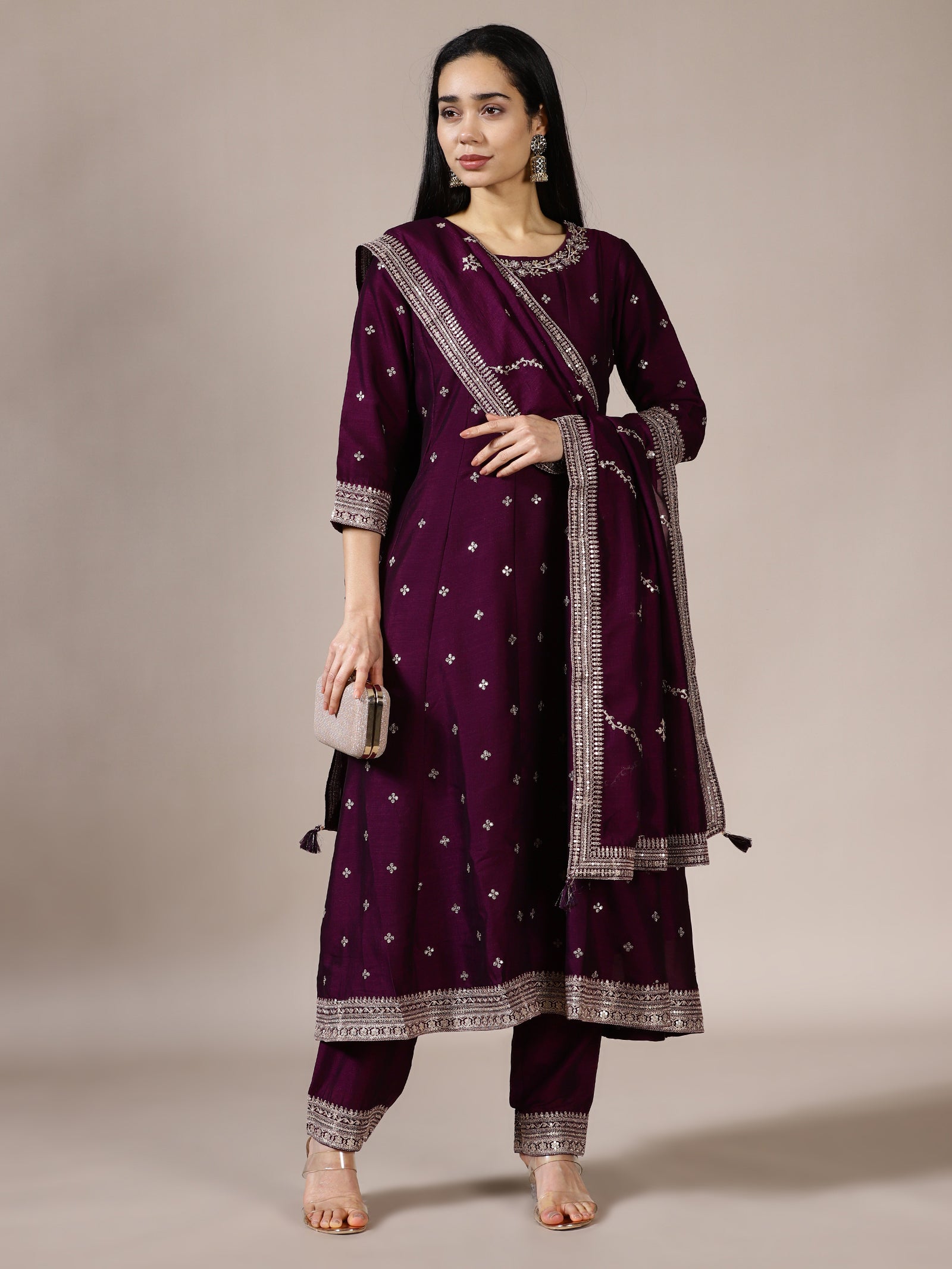 Deep Purple Gota Patti Anarkali Suit Set