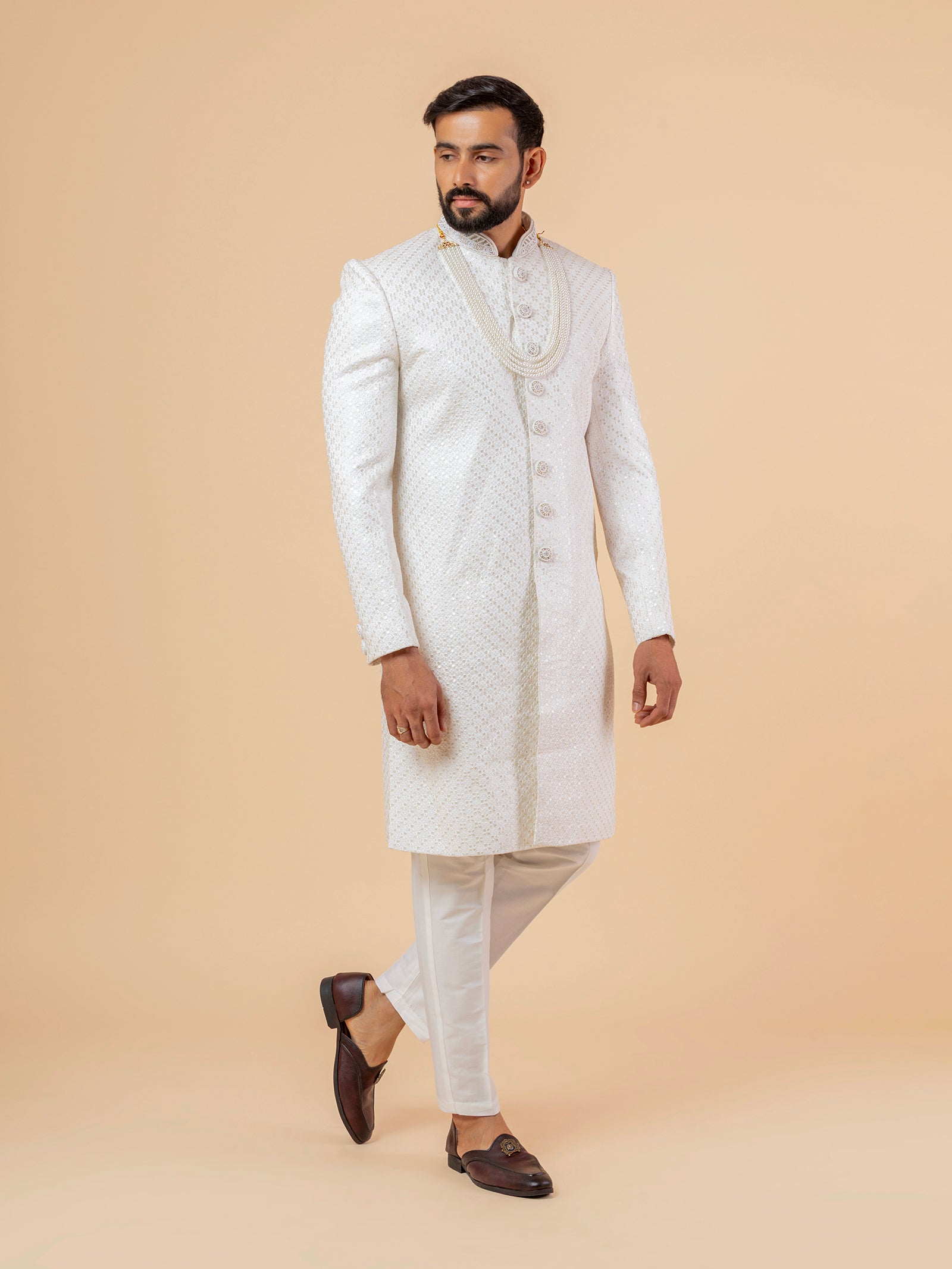 Warm White Allover-Embroidered Sherwani