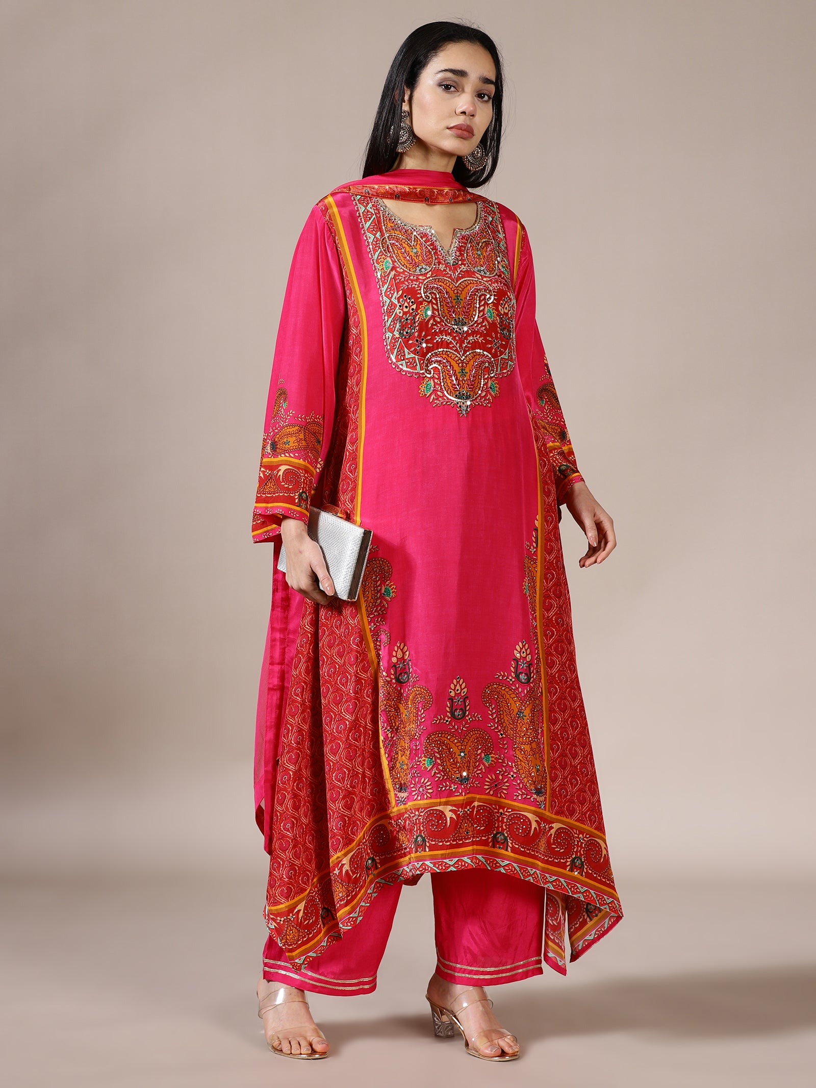 Hot Pink Embroidered Kurta Set with Broad Paisley Motifs