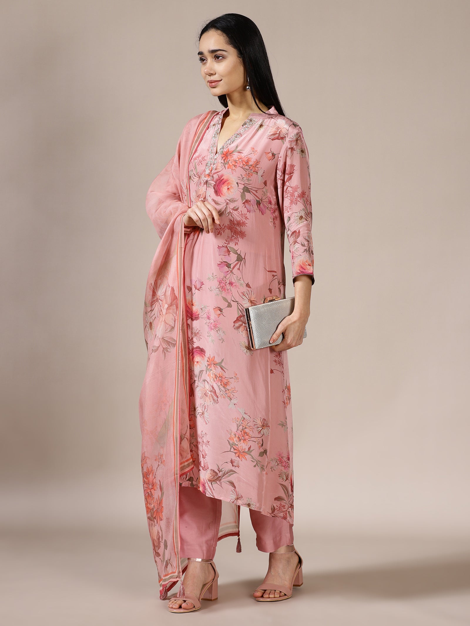 Rose Pink Water Colour Floral Suit Set