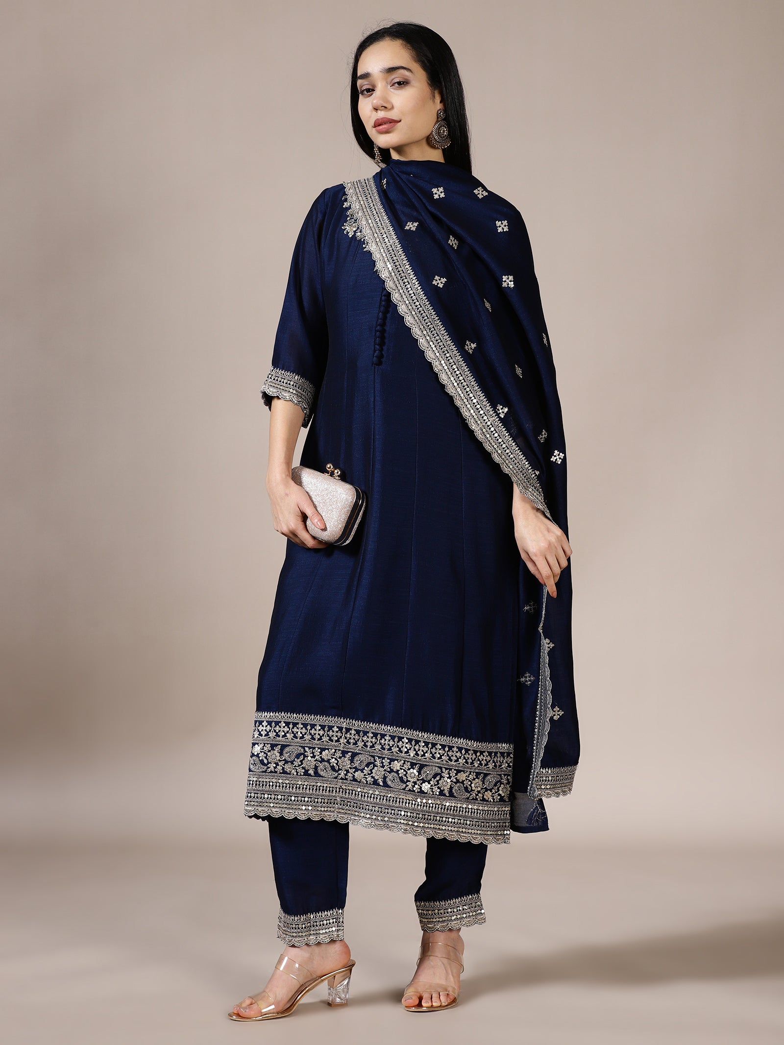 Ink Blue Pleated Embroidered Suit Set