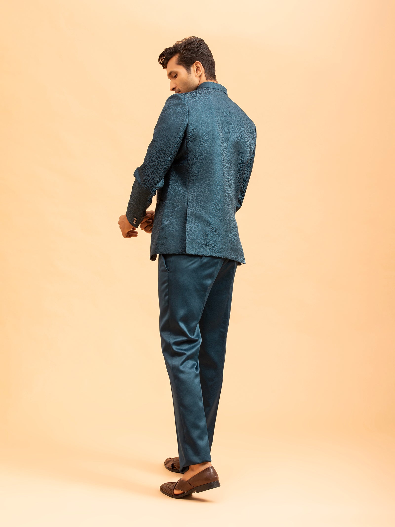Deep Teal Floral Jacquard Jodhpuri Set