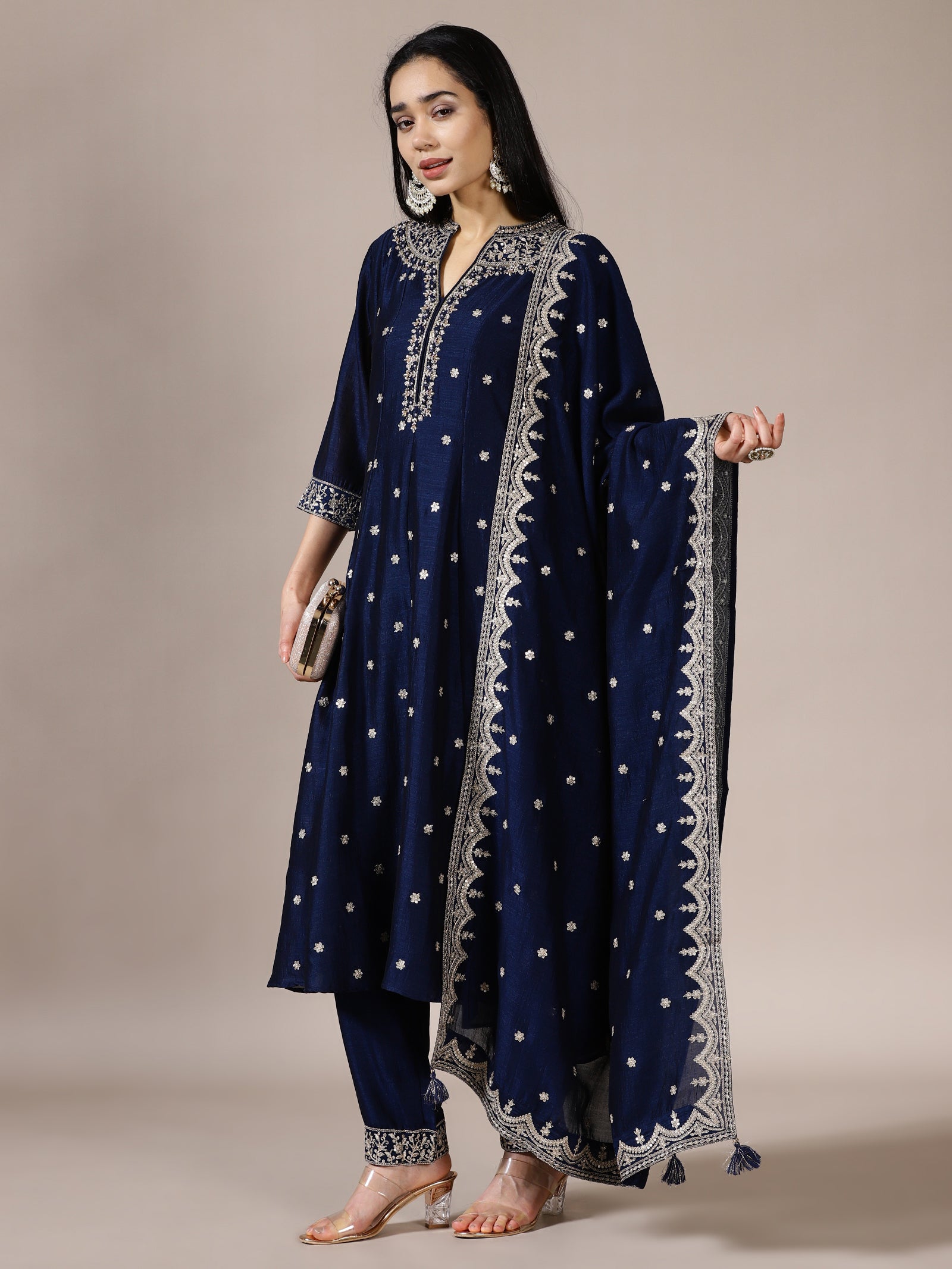 Midnight Blue A-Line Zari Work Suit Set