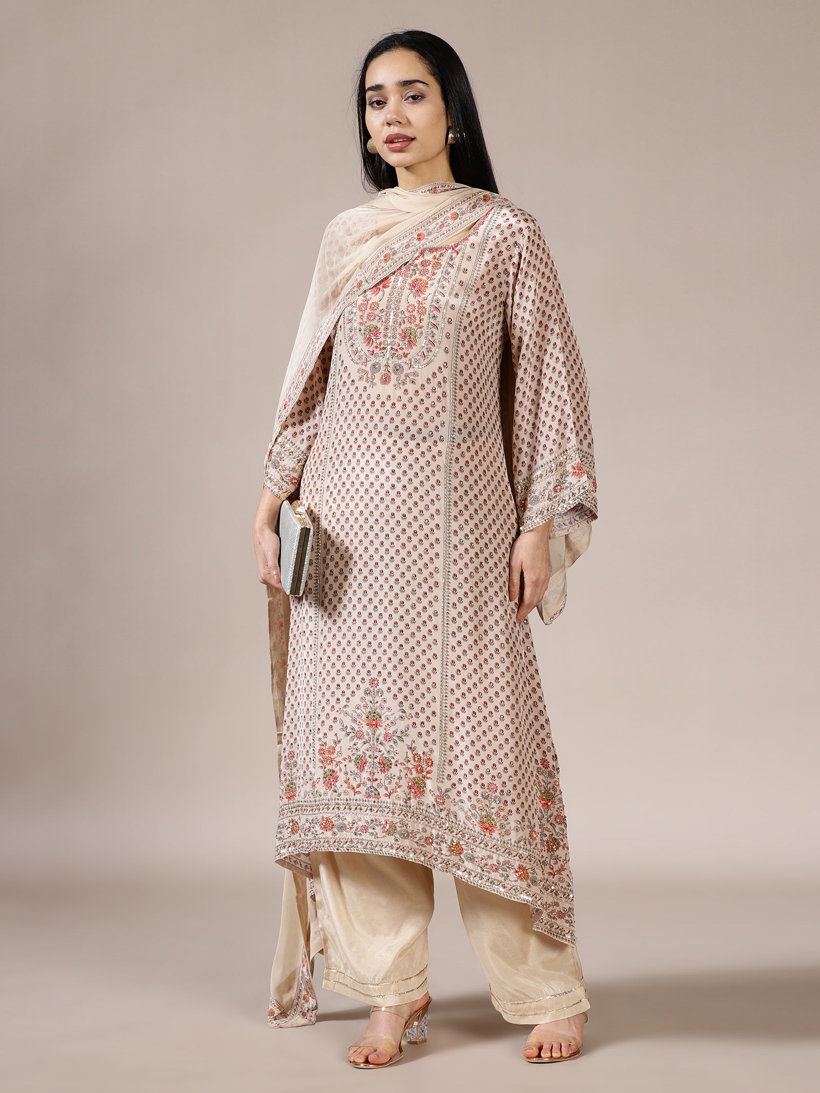 Beige Embroidered Suit Set