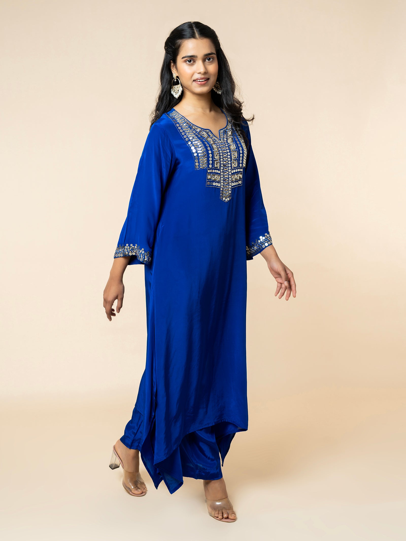 Royal Blue Silk Co-ord Set with Geometric Sequin Work
