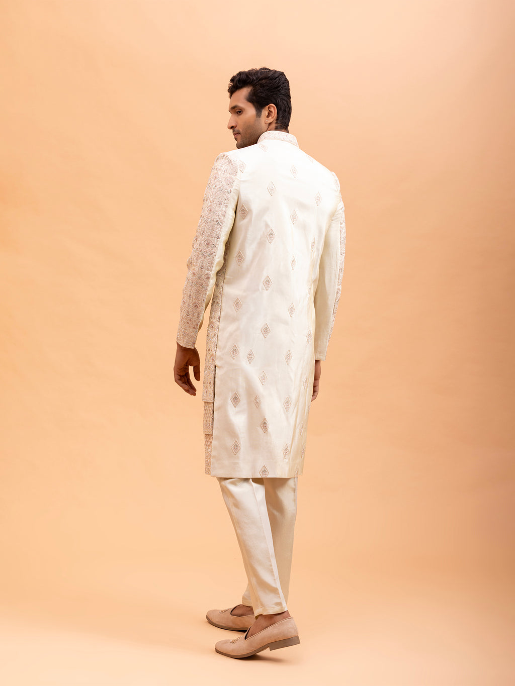 Beige Diamond Embroidered Sherwani Set