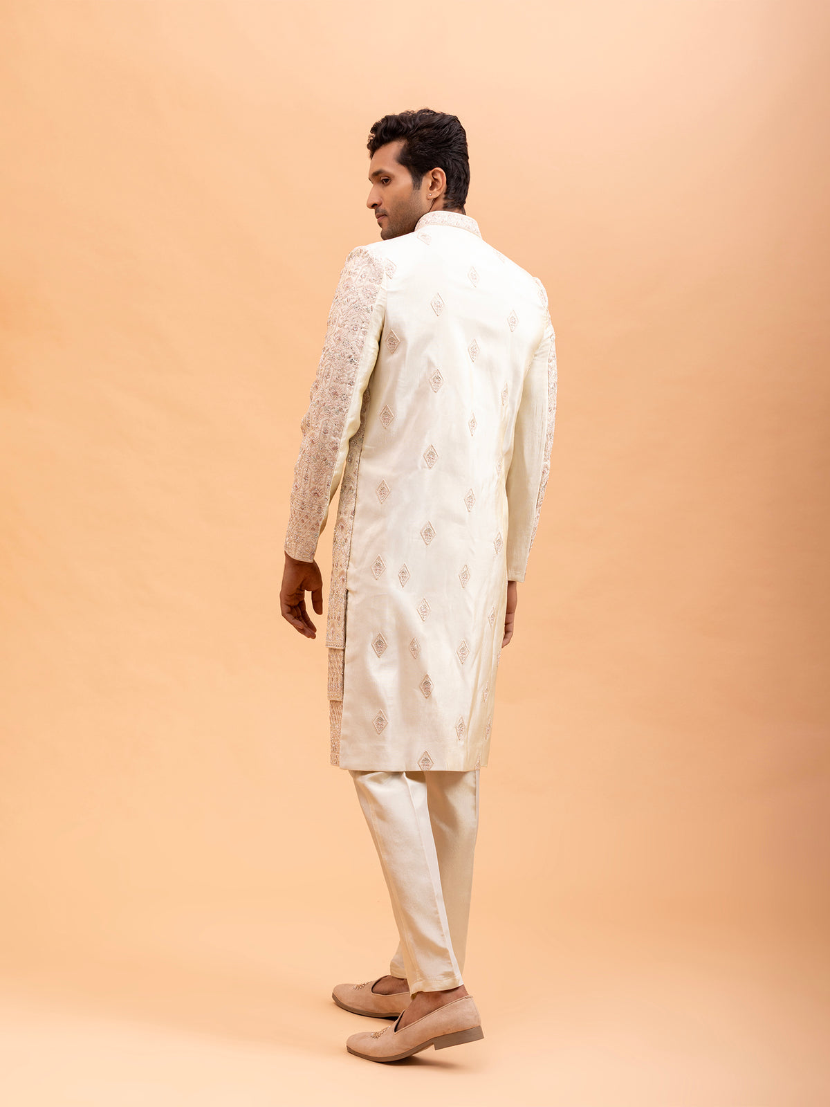 Beige Diamond Embroidered Sherwani Set