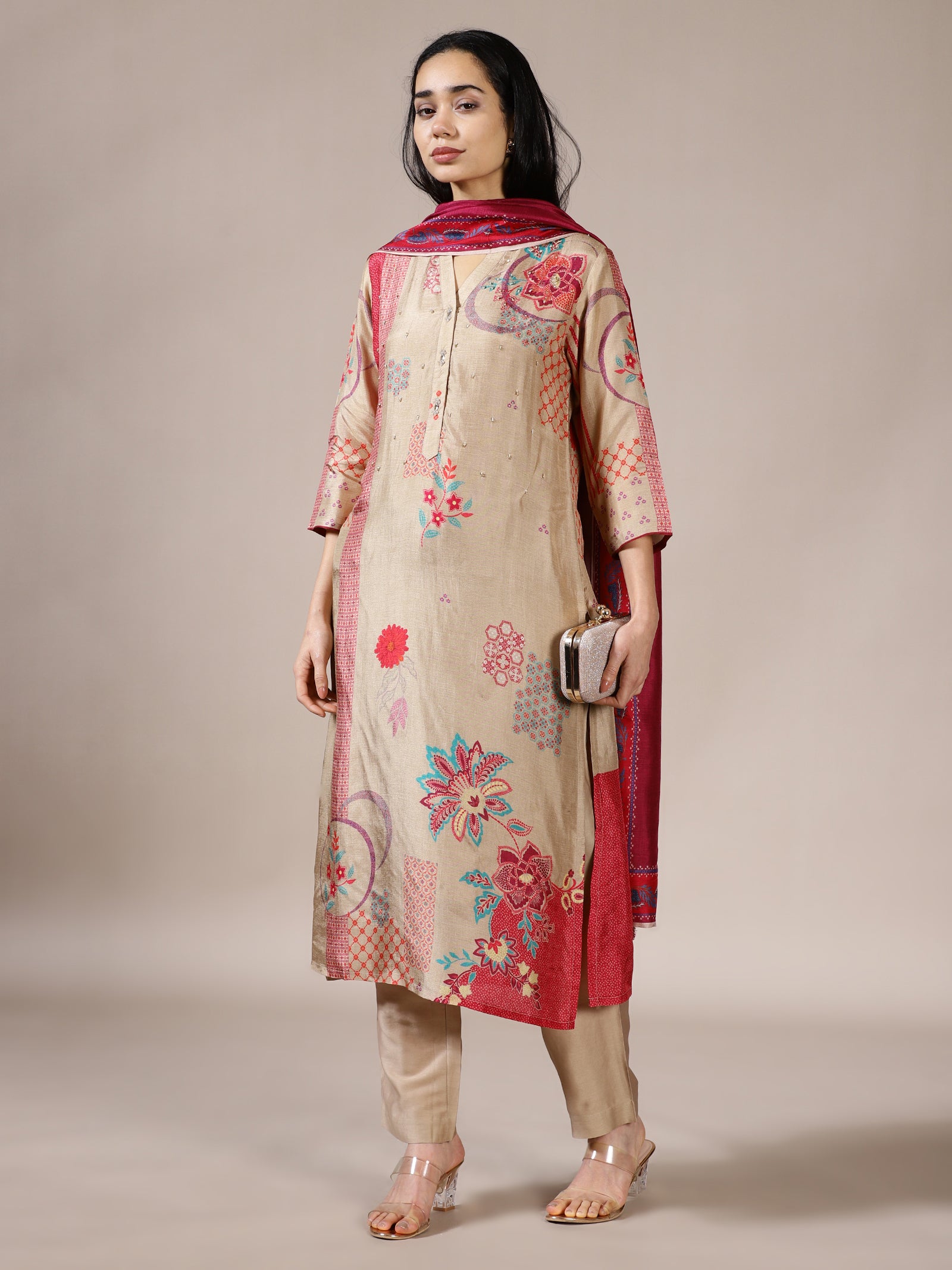 Beige Printed Kurta Set With Contrast Dupatta