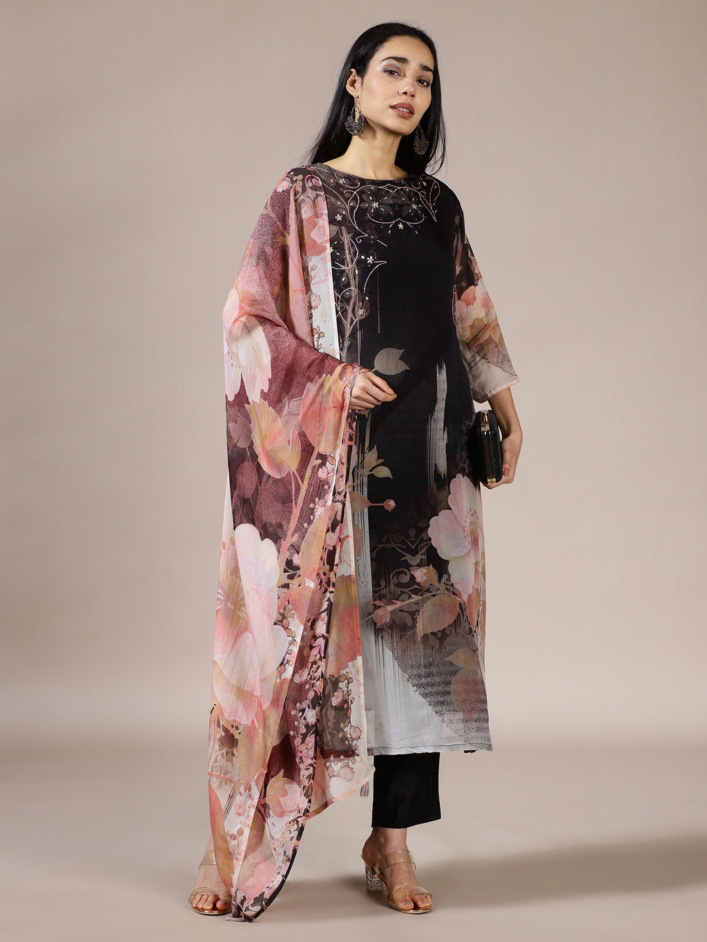 Black Floral Print Tunic Set