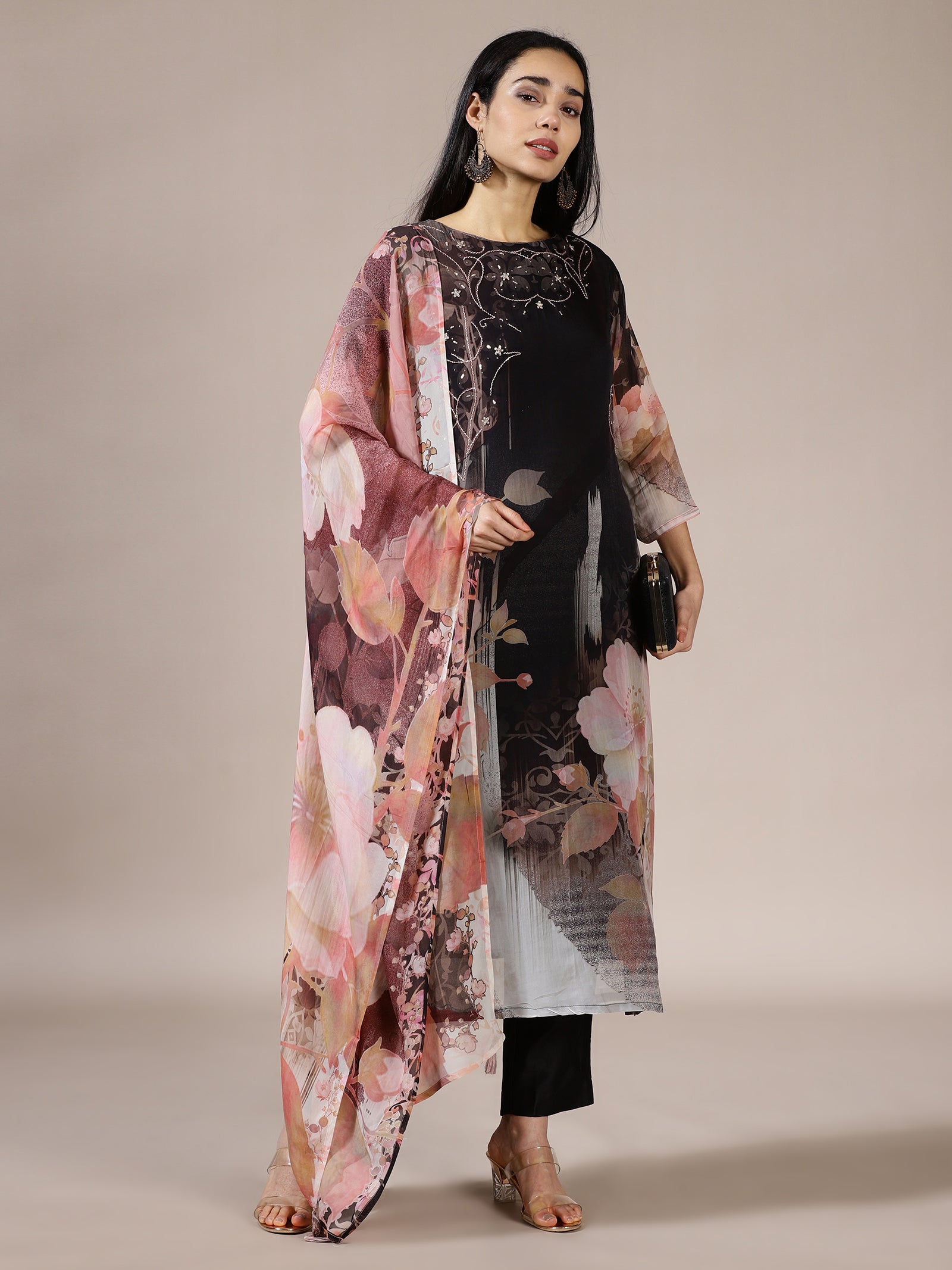 Black Floral Print Tunic Set