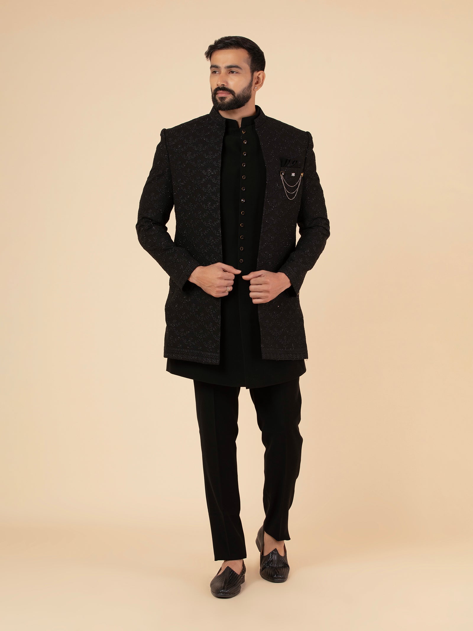 Onyx Arabesque Threadwork Indowestern Set