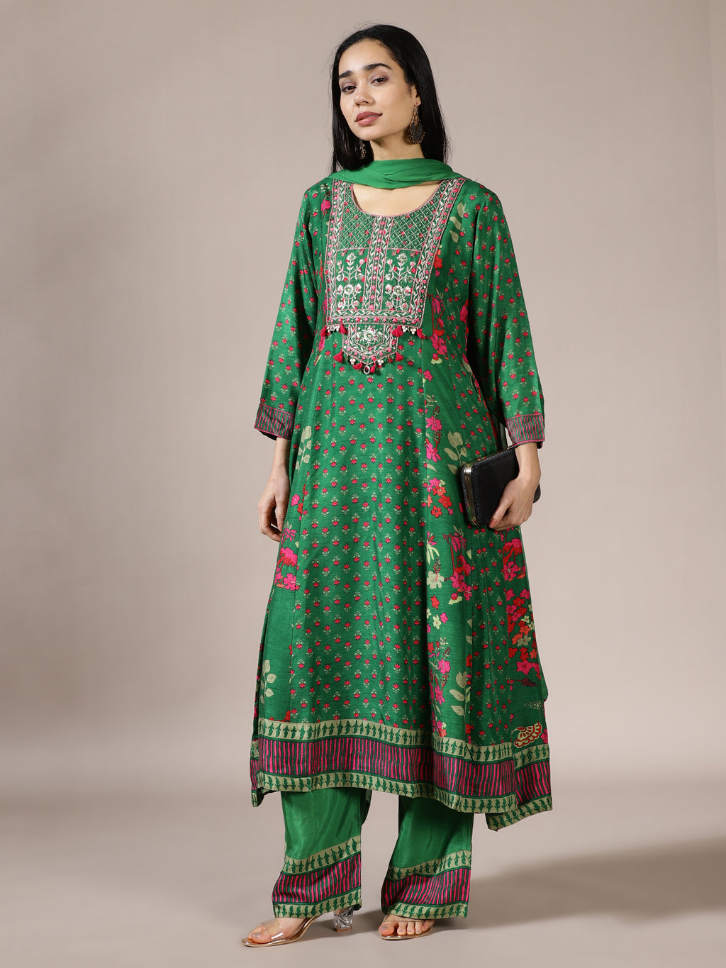Emerald Green Flared Kurta Set with Floral Print