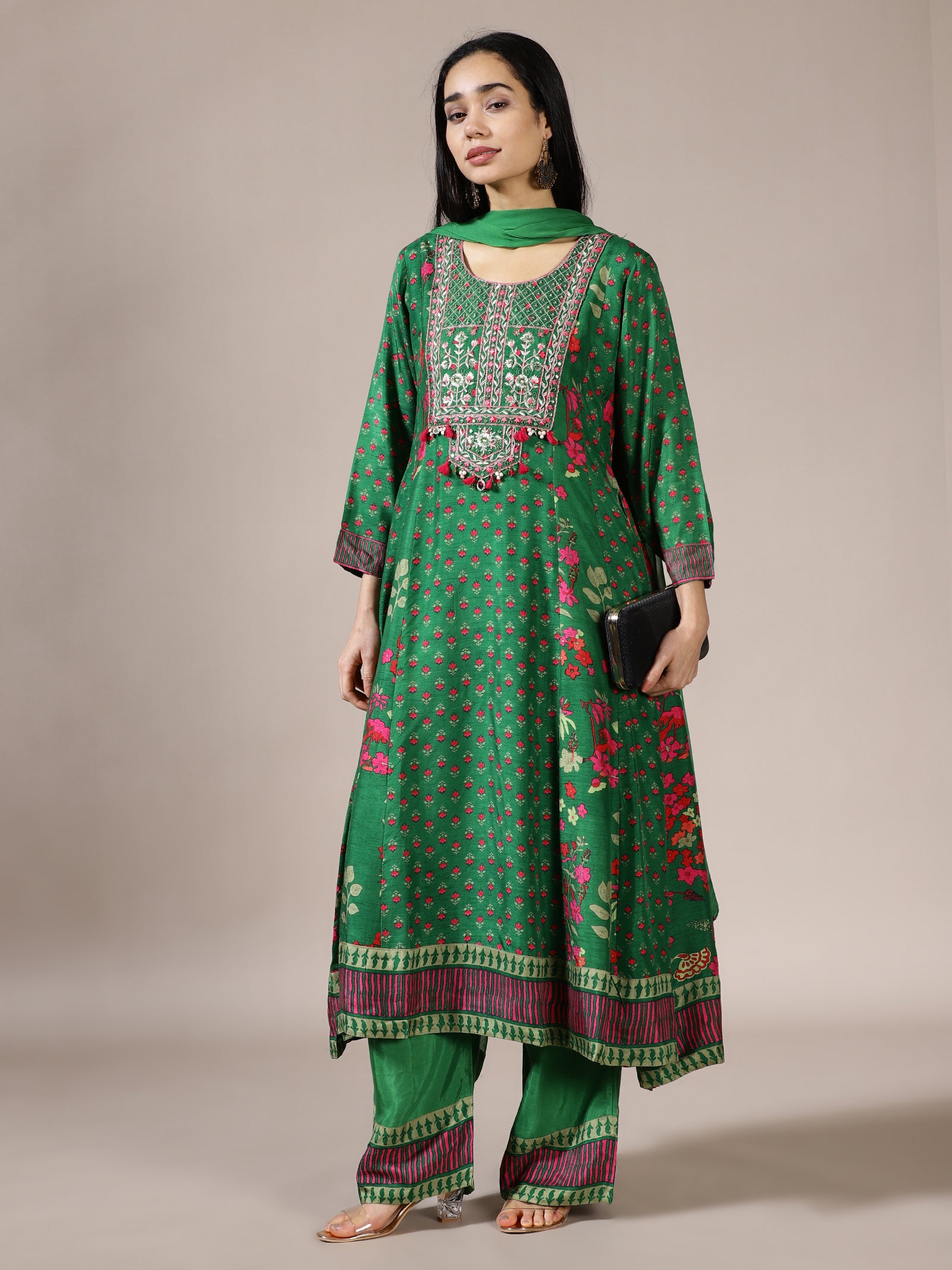 Emerald Green Flared Kurta Set with Floral Print