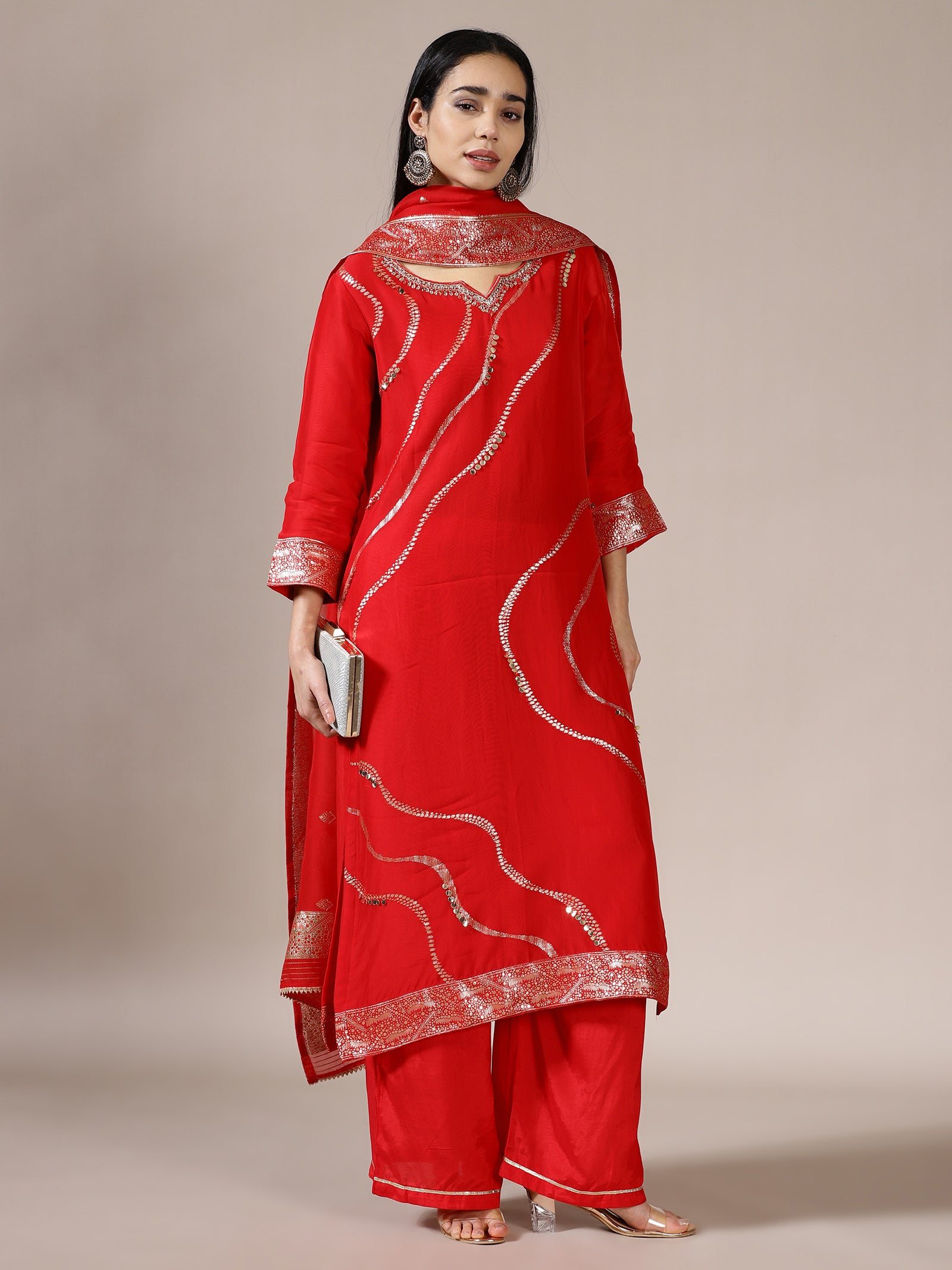 Regal Red Solid Kurta Set with Contemporary Silver Sequin Detailing