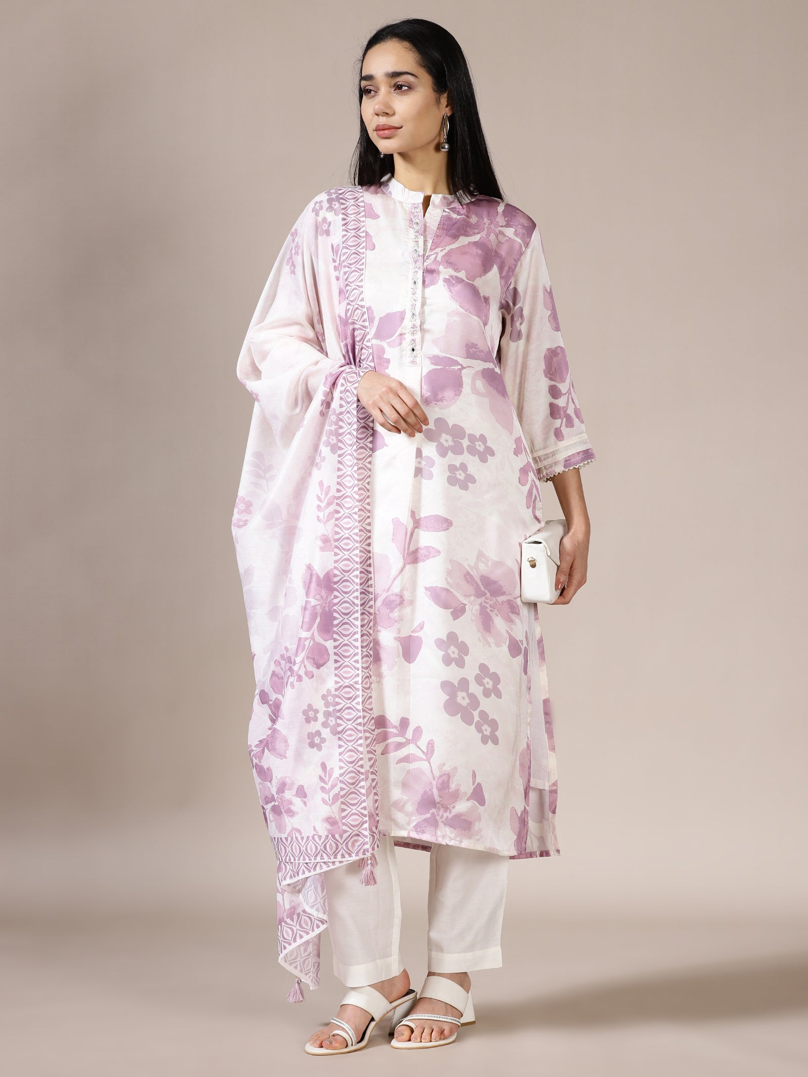 White and Lavender Floral Print Suit Set
