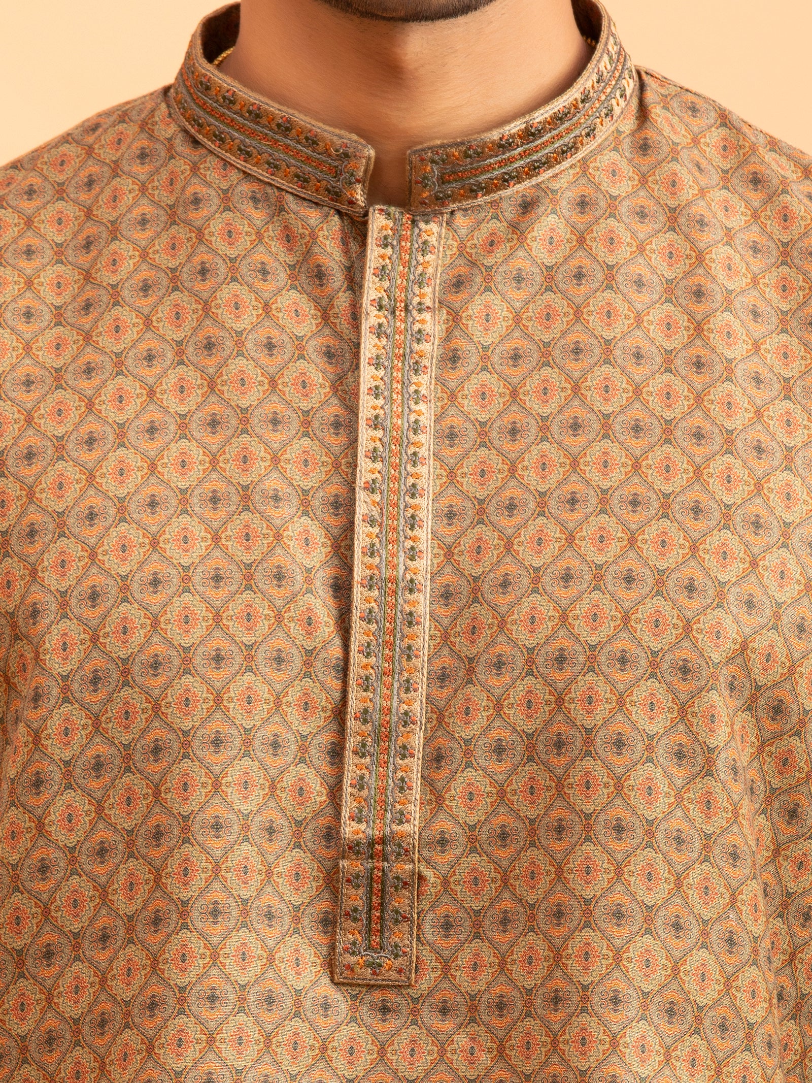 Earth-Tone Geometric Patterned Kurta