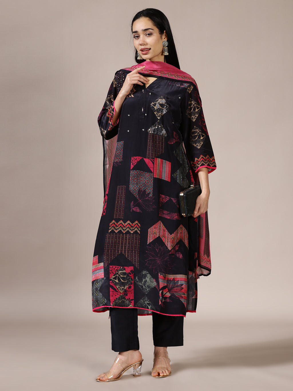 Black Abstract Print Tunic Set