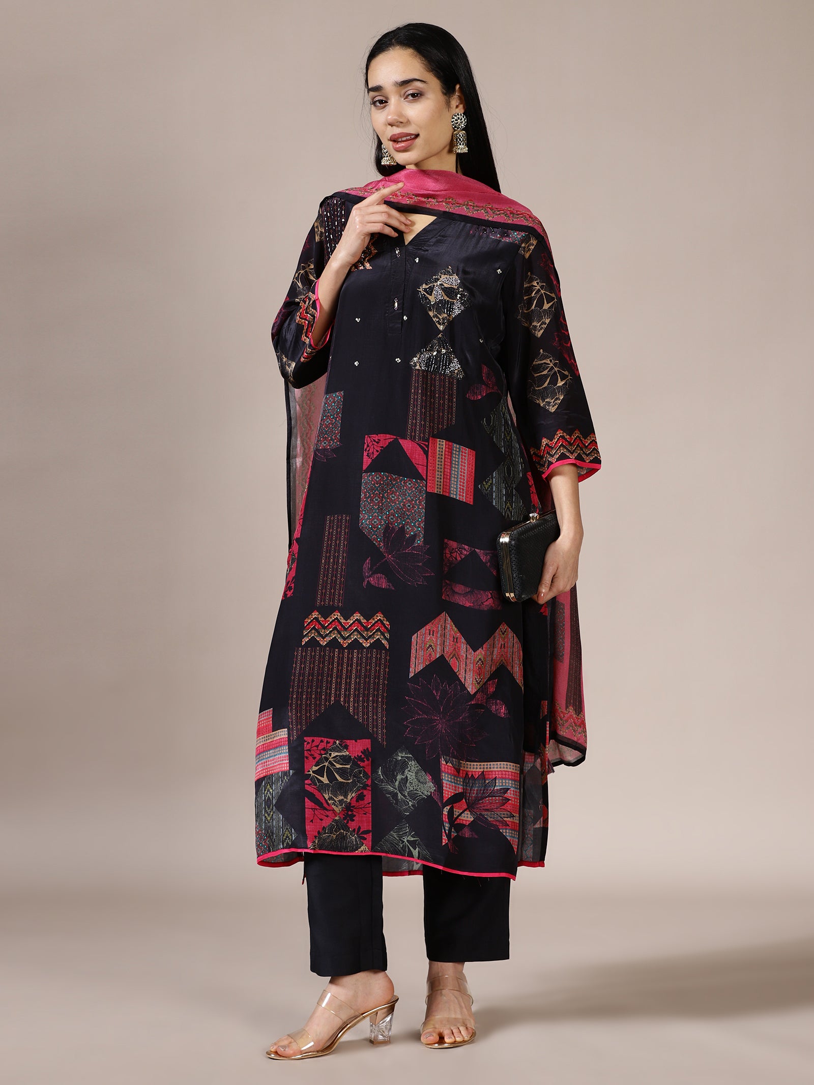 Black Abstract Print Tunic Set