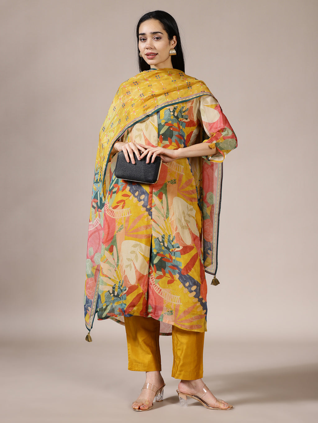 Mustard Yellow Abstract Print Suit Set