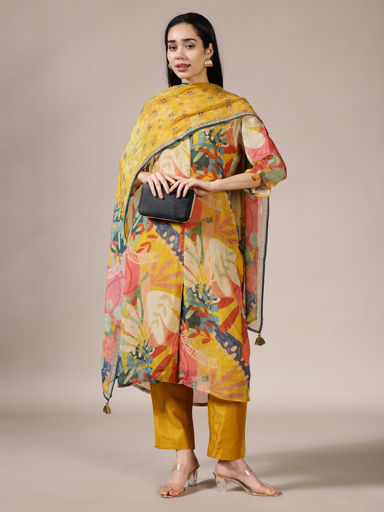 Mustard Yellow Abstract Print Suit Set