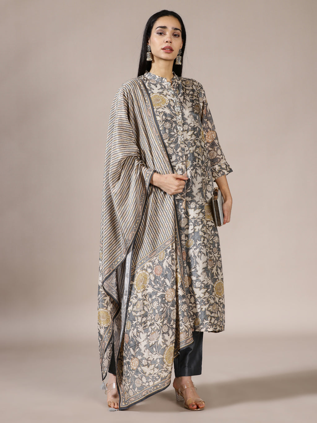 Grey Floral Printed Suit Set