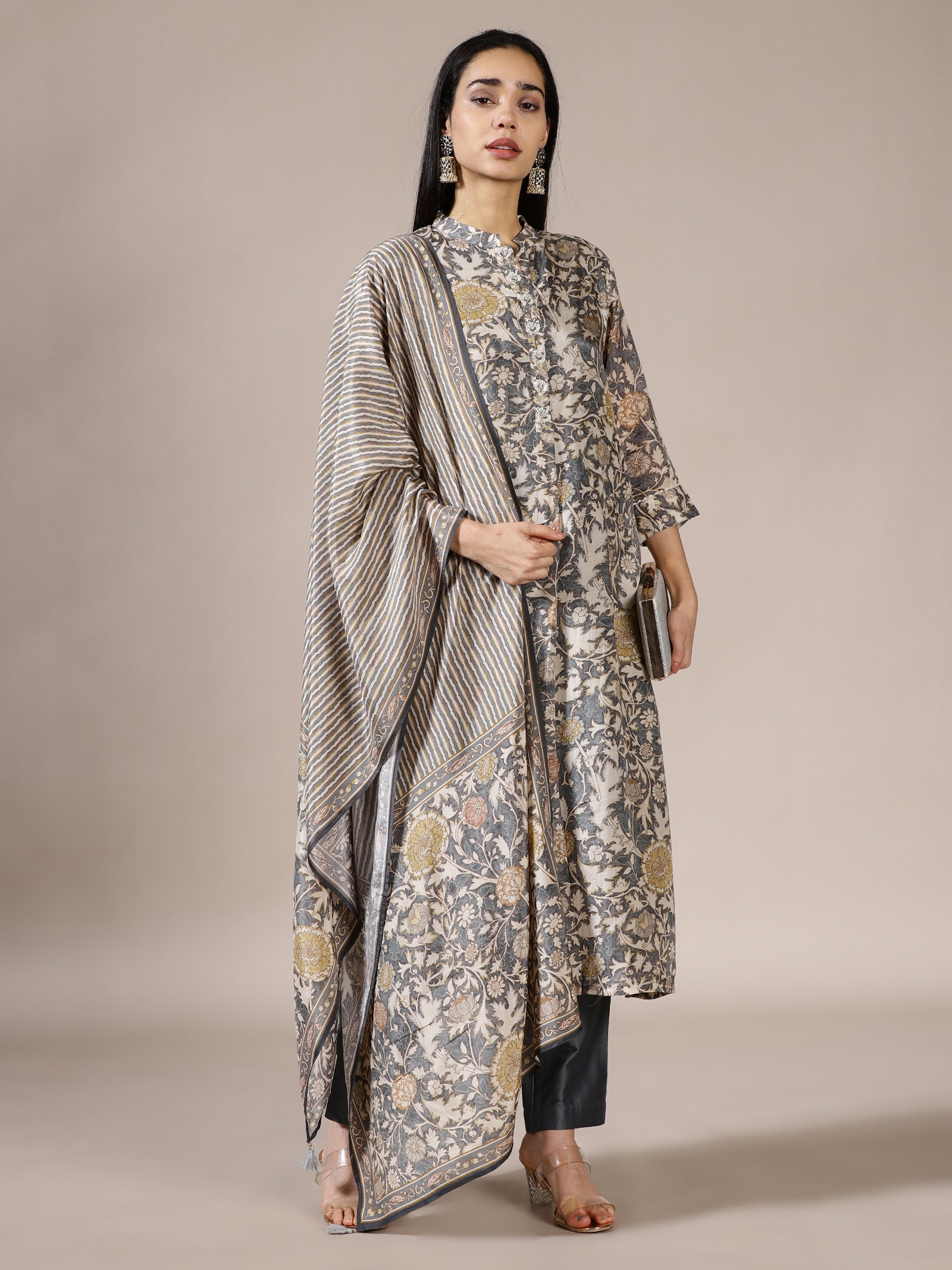 Grey Floral Printed Suit Set