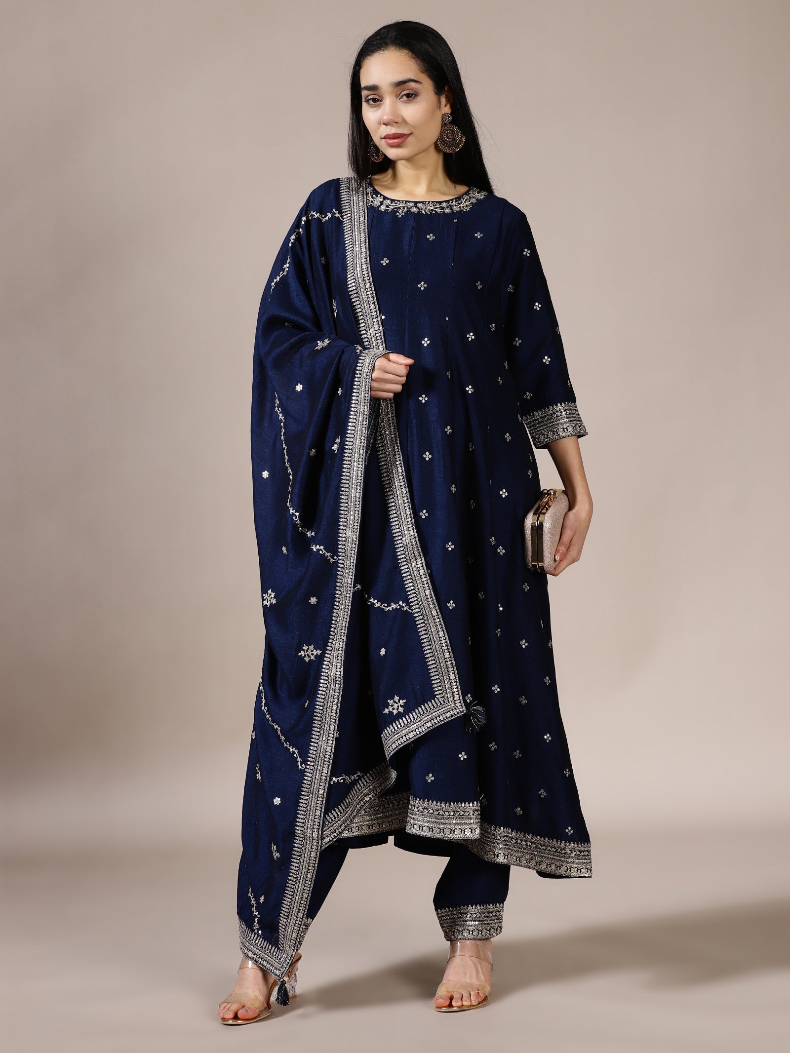 Navy Blue Embroidered Silk Suit Set