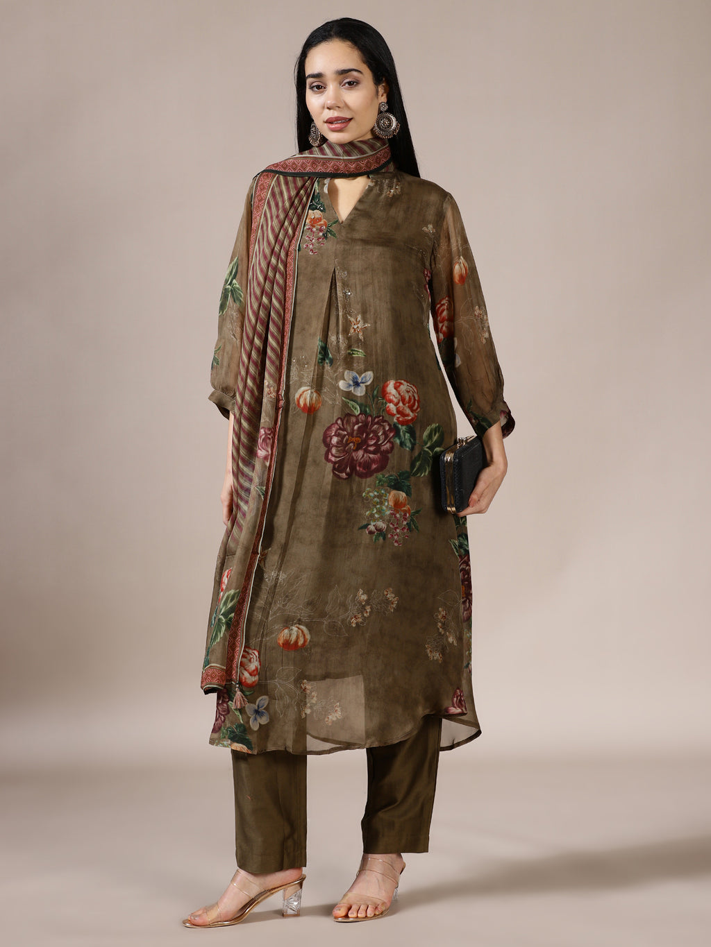 Taupe Multi-Floral Suit Set