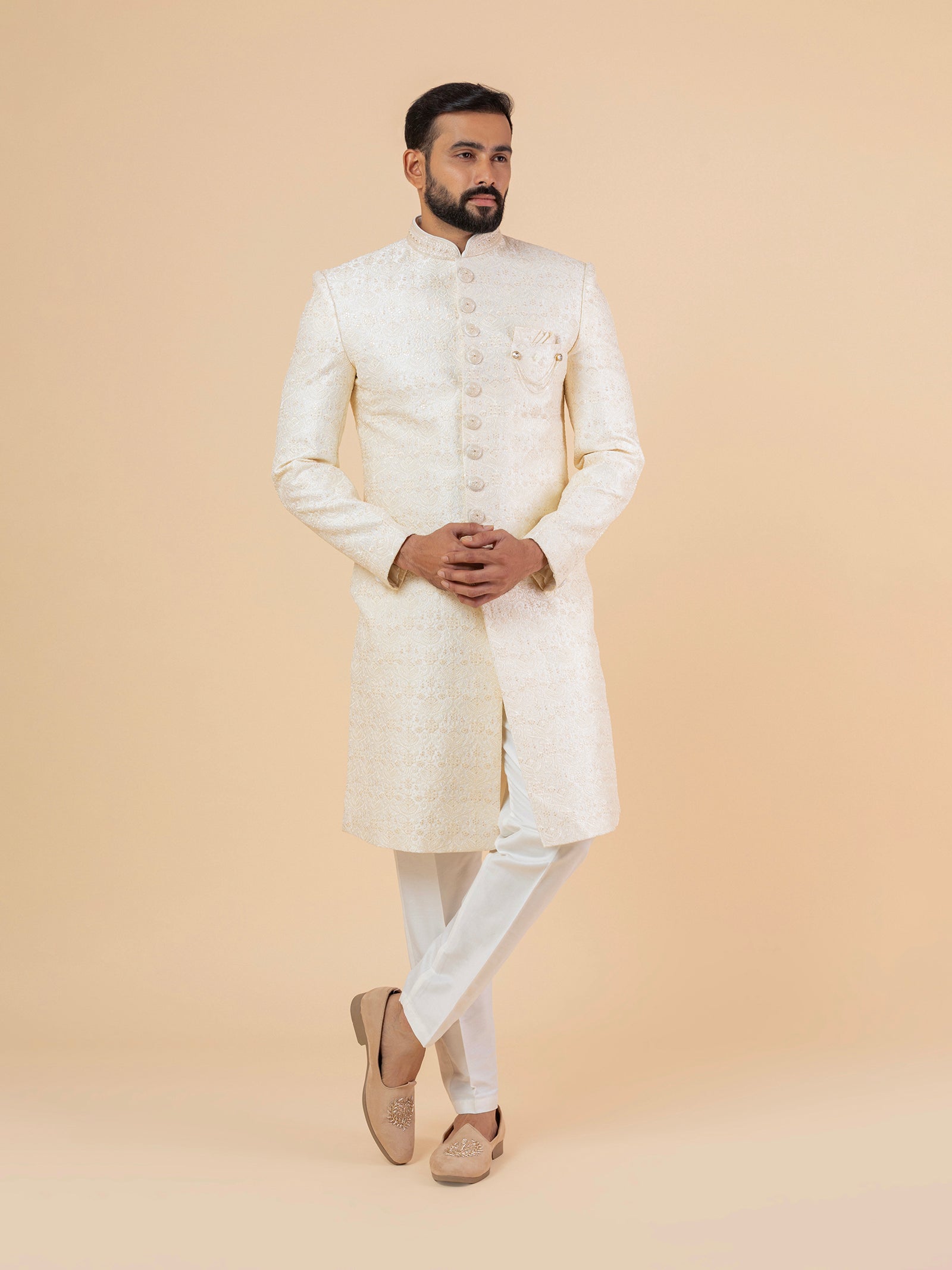 Slate Grey Minimalist Embroidered Sherwani Set