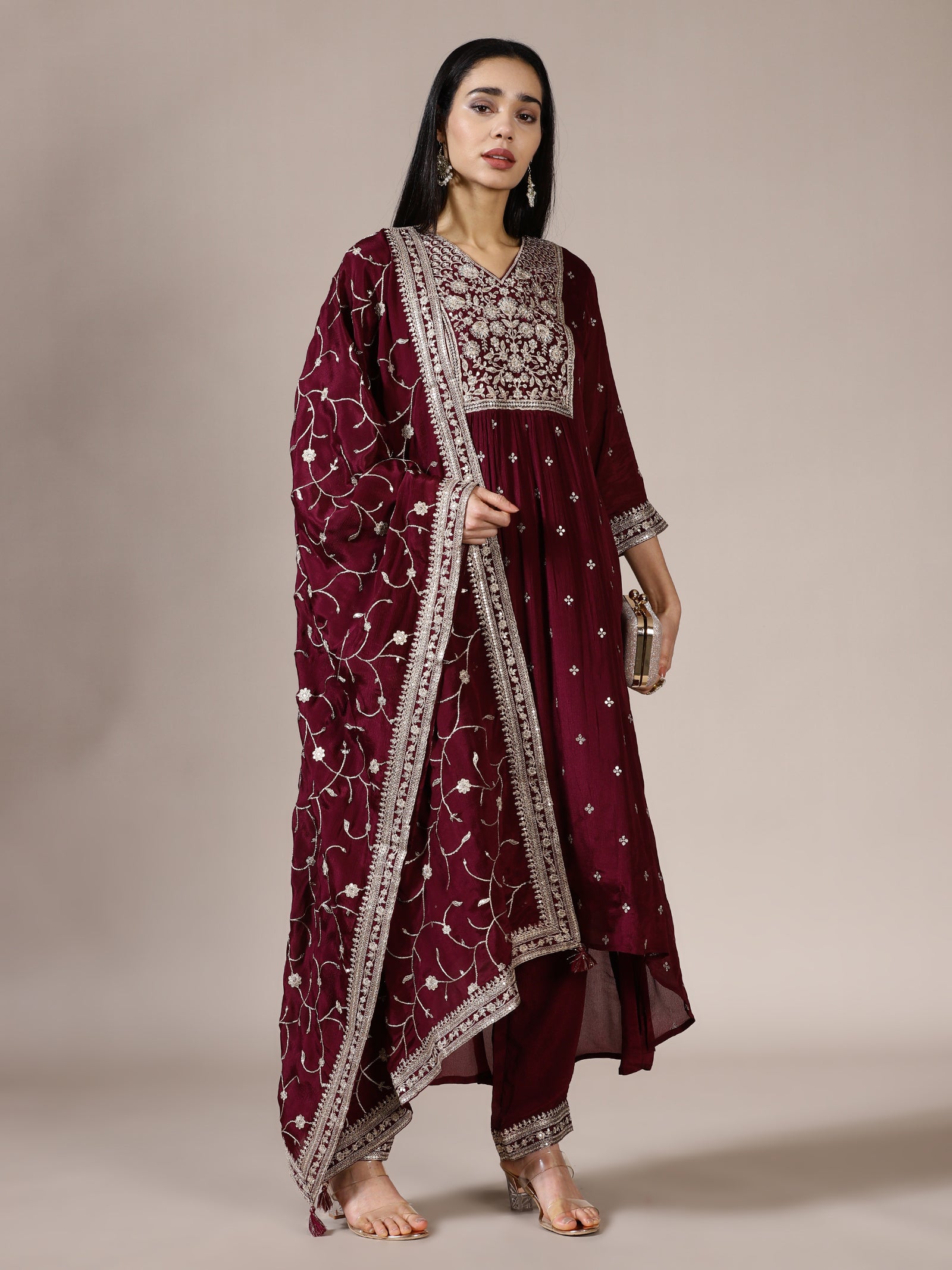 Maroon Embroidered Kurta Set