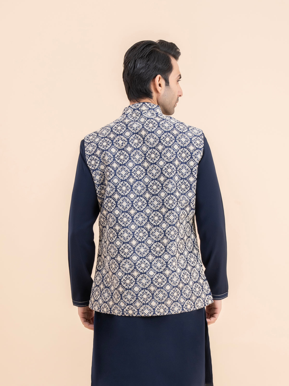 Navy Woven Motif Nehru Jacket