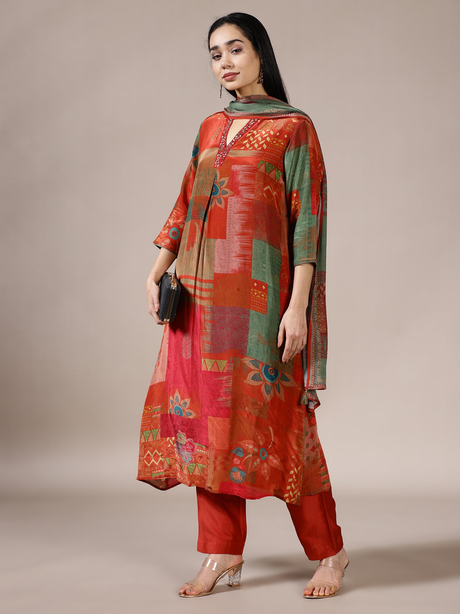 Rust and Sage Geometric Print Suit Set