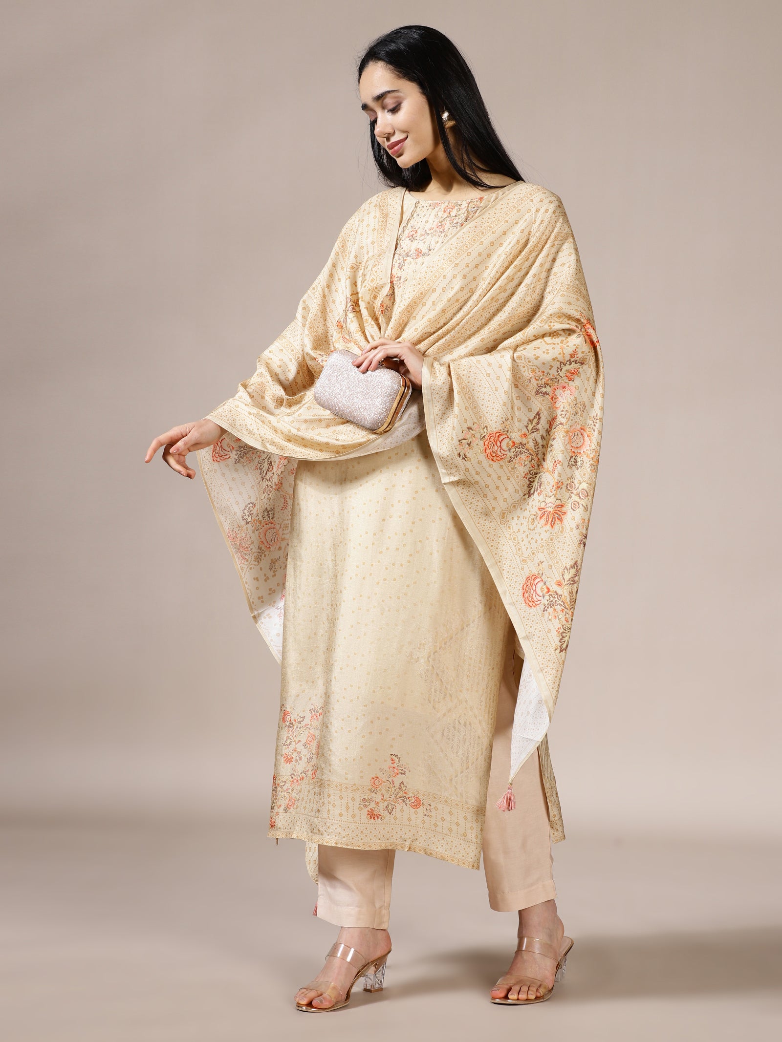 Beige Floral Print Suit Set