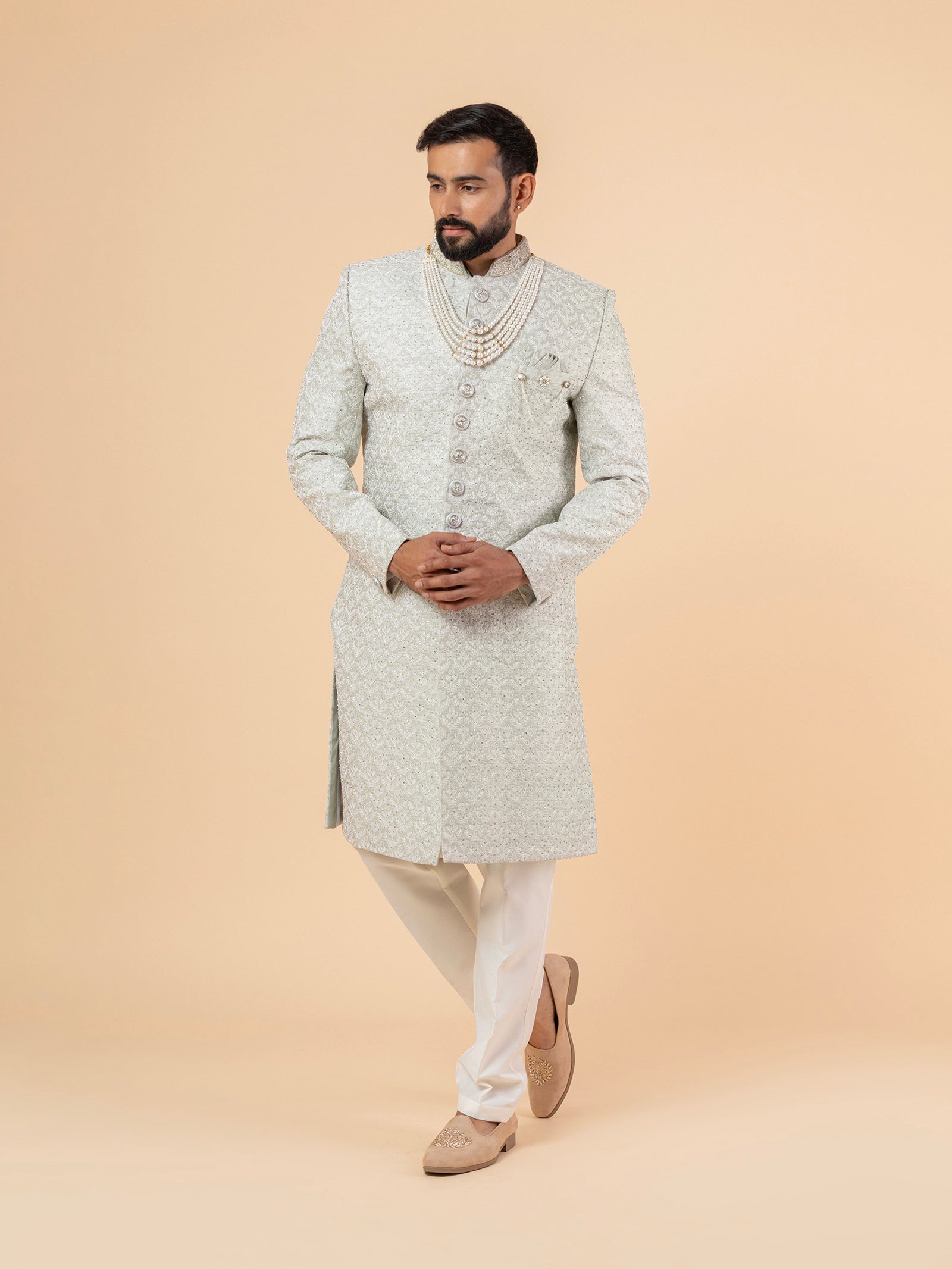 Sage Grey Minimalist Embroidered Sherwani