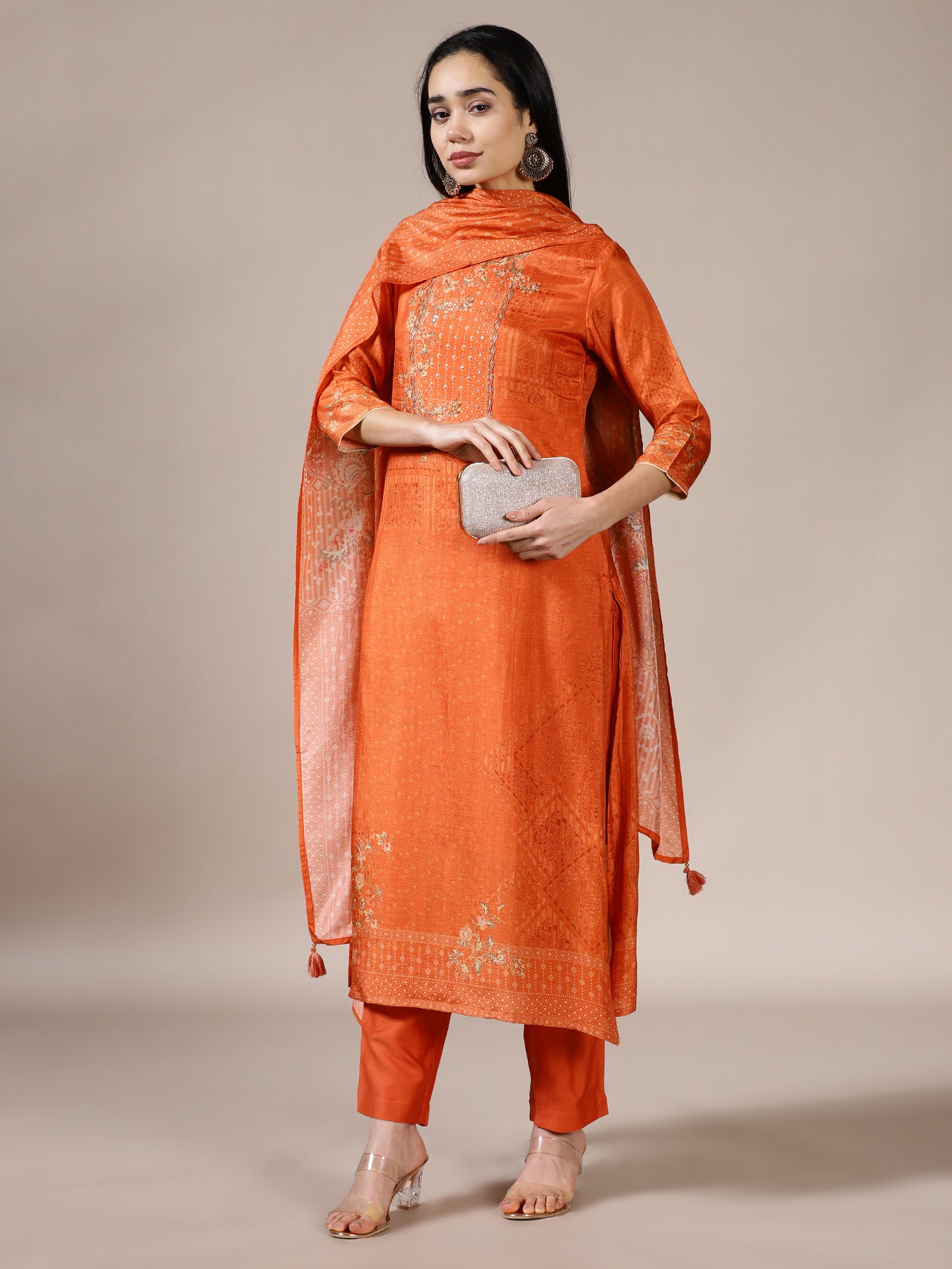 Burnt Orange Textured Embroidered Suit