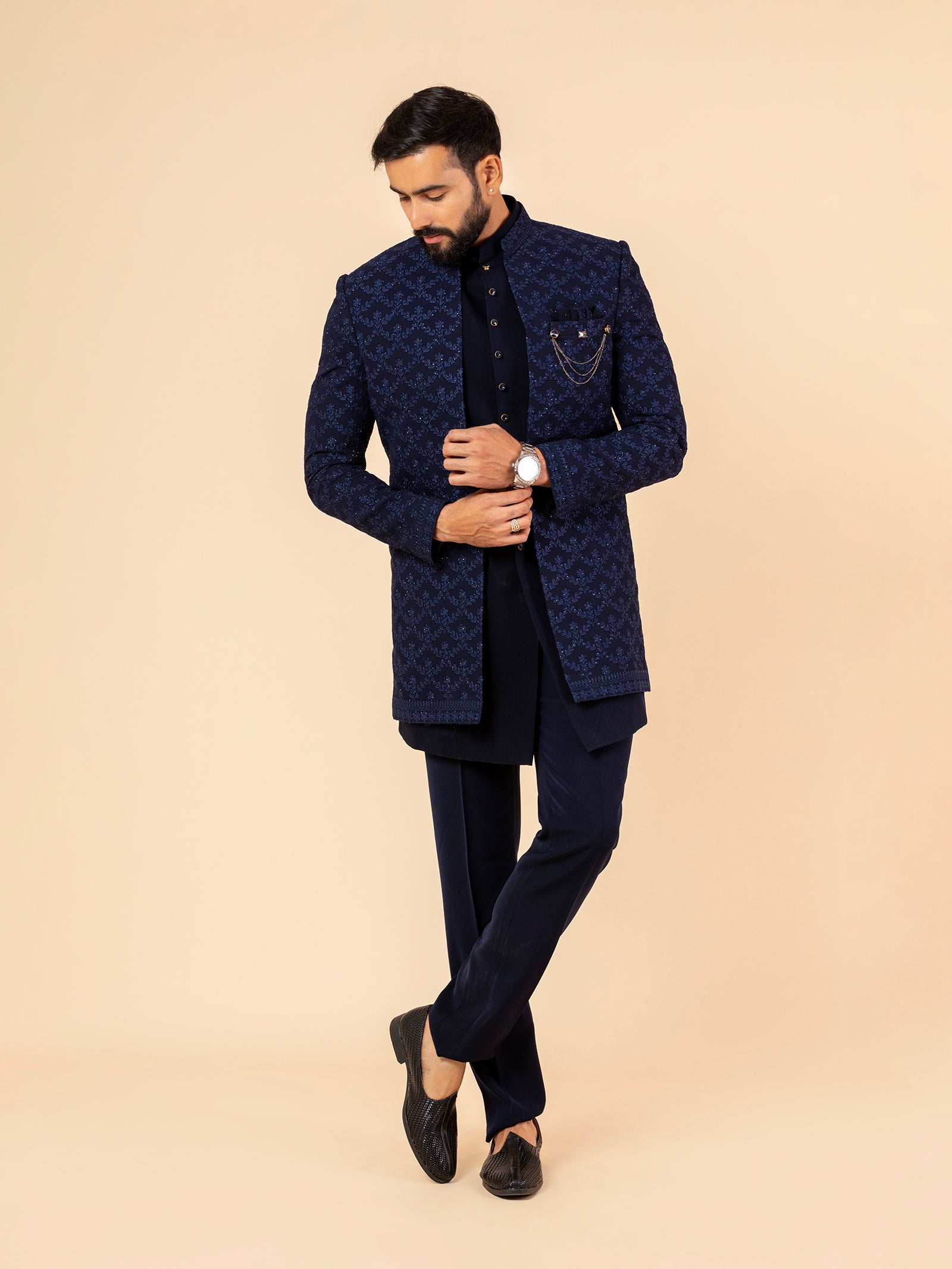 Deep Indigo Floral Threadwork Indowestern Set