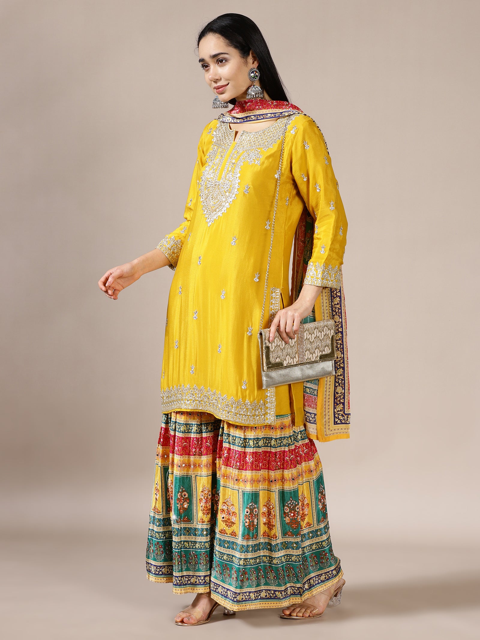 Mustard Zari Kurta with Printed Gharara Set