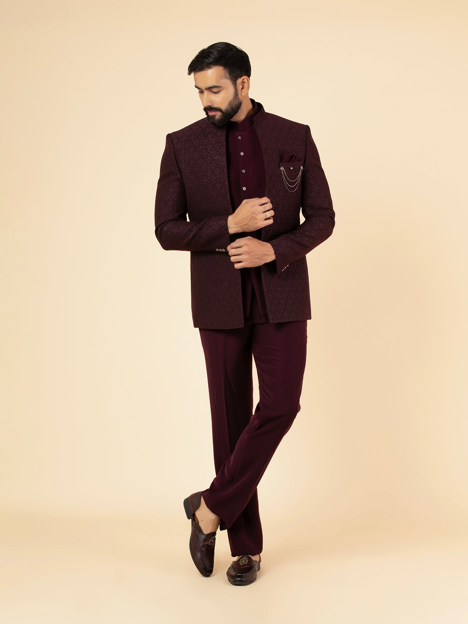 Maroon Garnet Lattice Jodhpuri Set