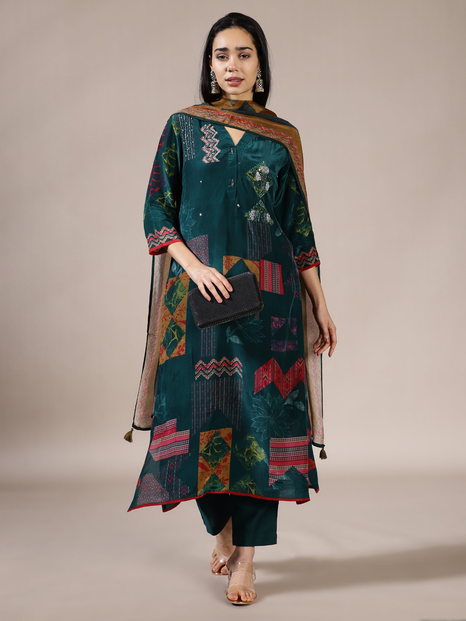 Teal Patchwork Print Suit Set