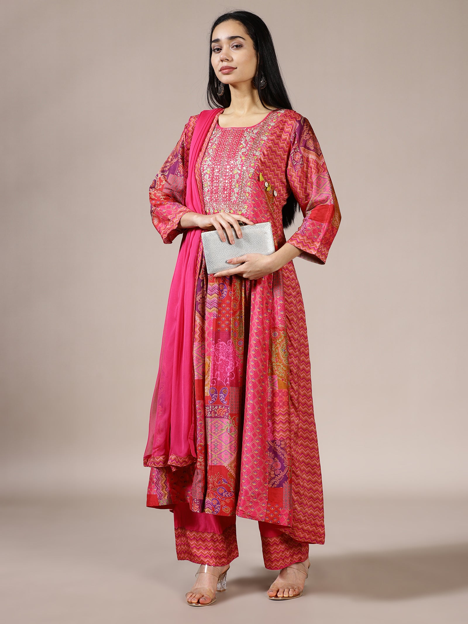 Fuchsia Anarkali Kurta Set with All-Over Print and Hand Embroidery
