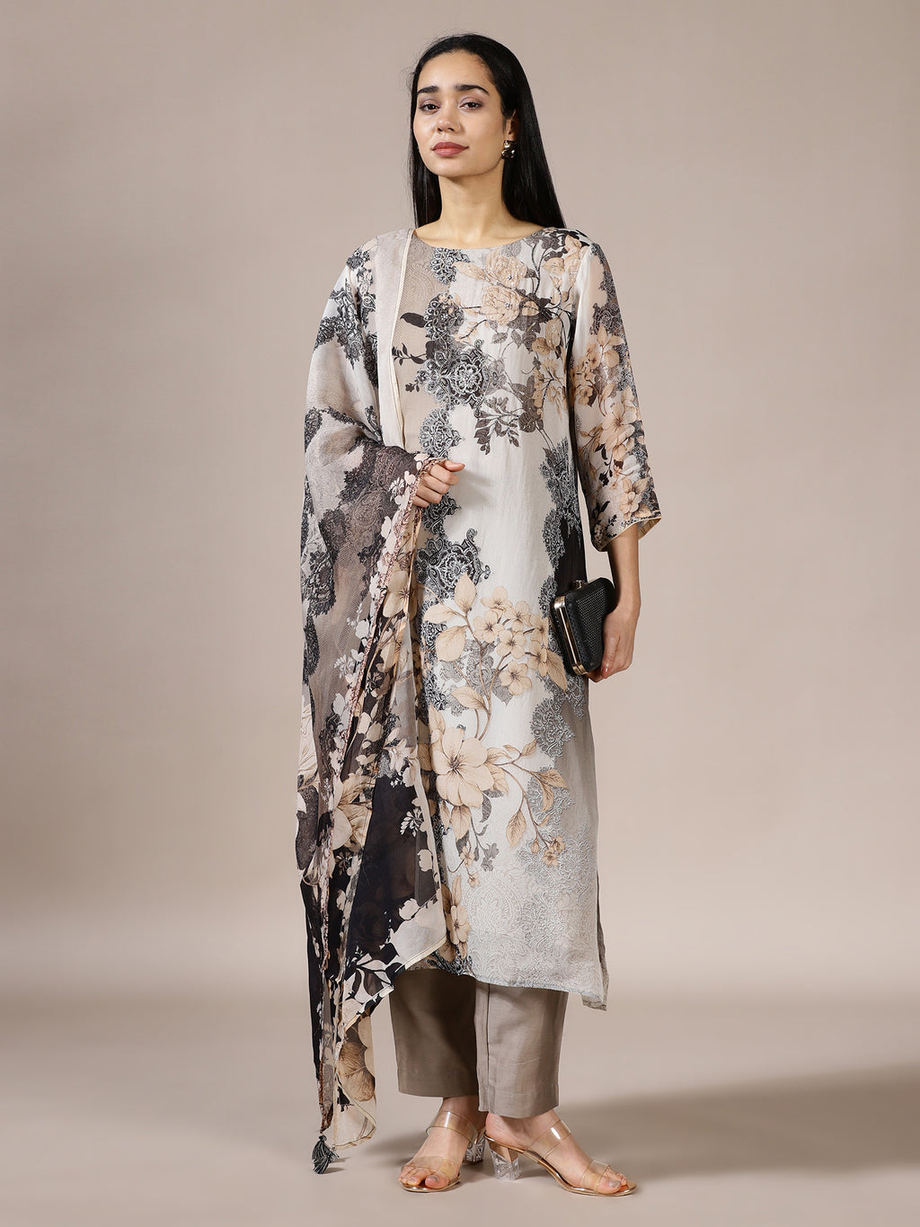 Grey Floral Abstract Suit Set