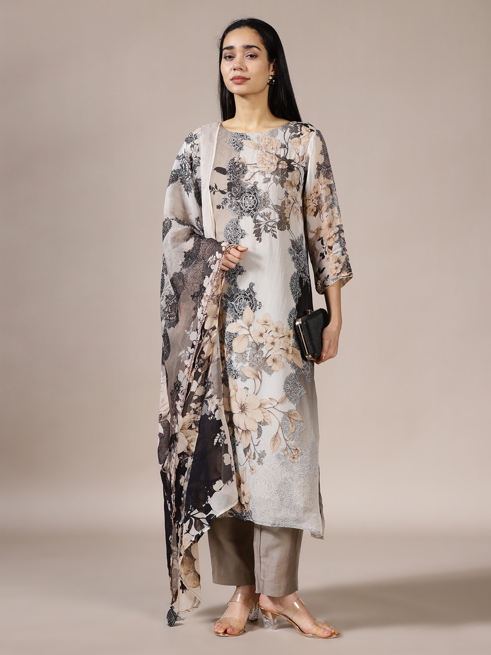 Grey Floral Abstract Suit Set