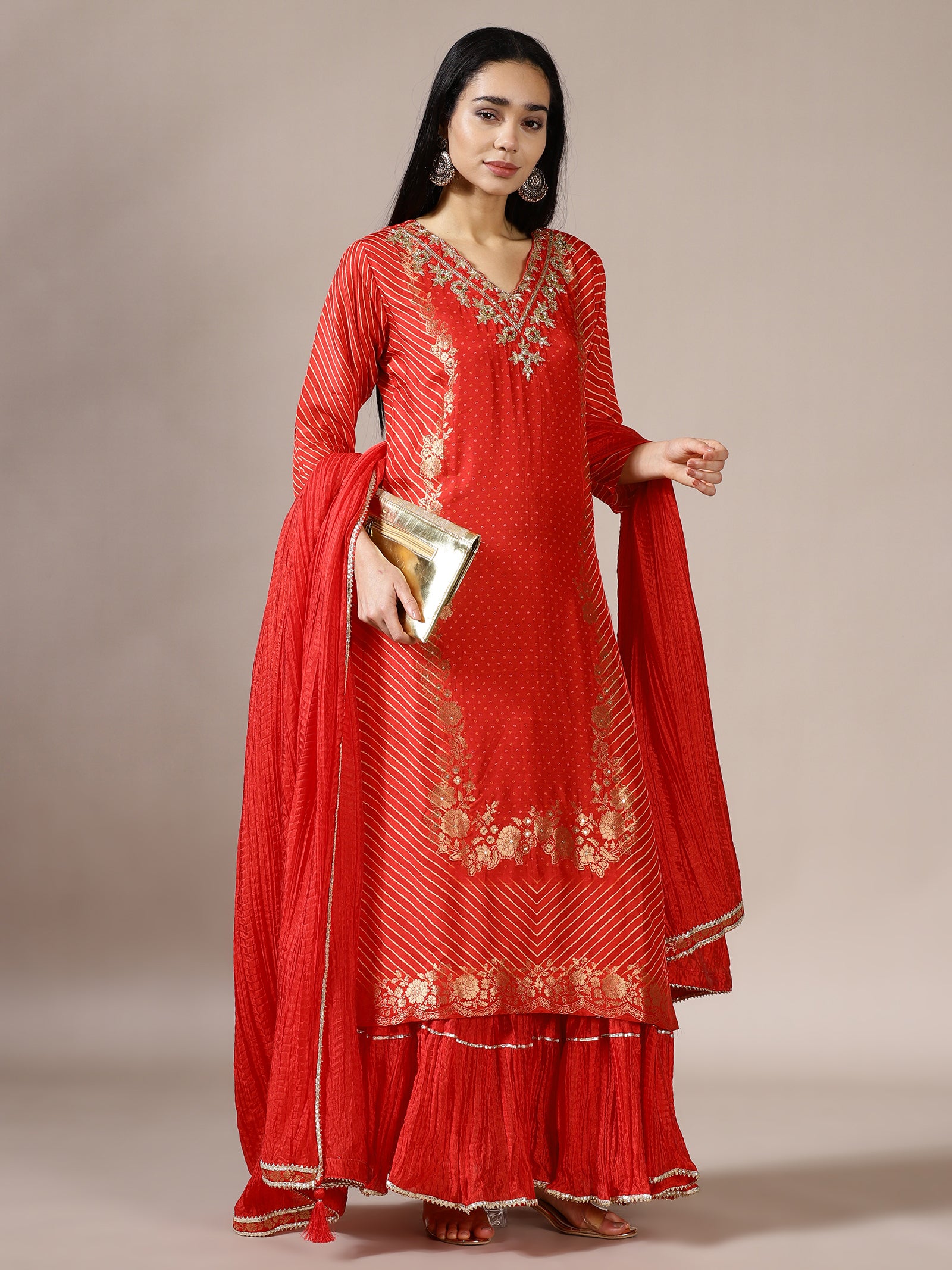 Red Striped Kurta & Tiered Gharara Set with Gold Sequin Work