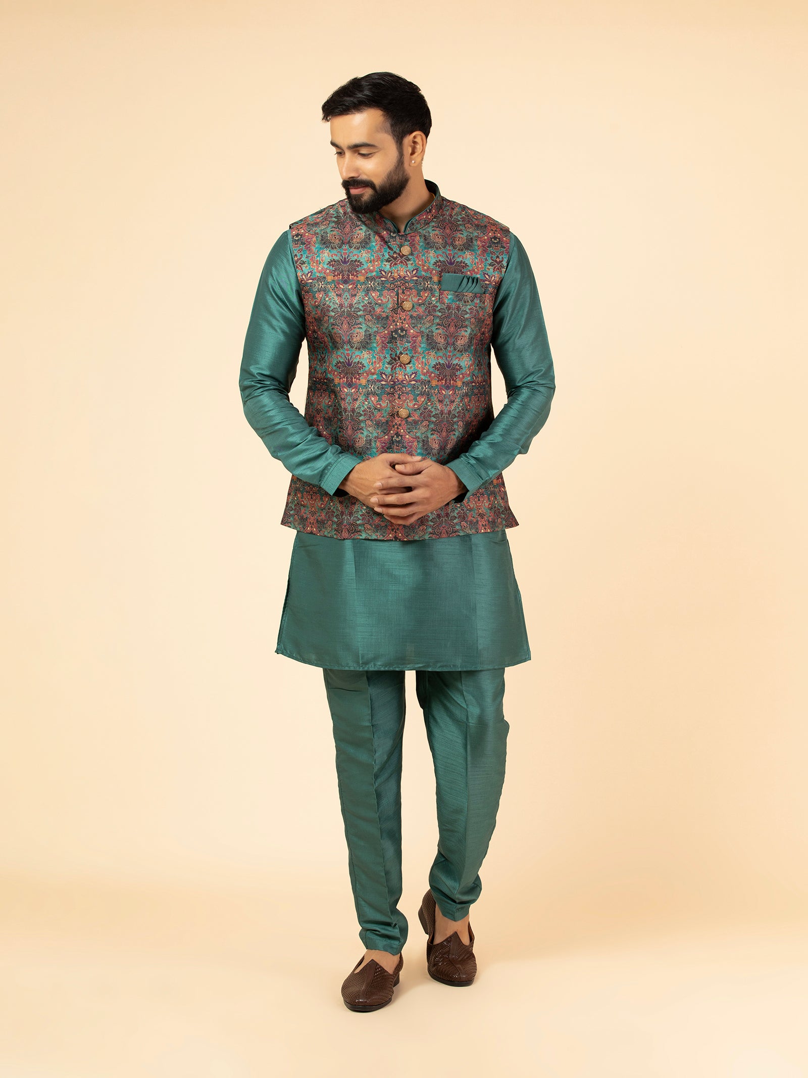 Teal Tapestry Brocade Jacket Set