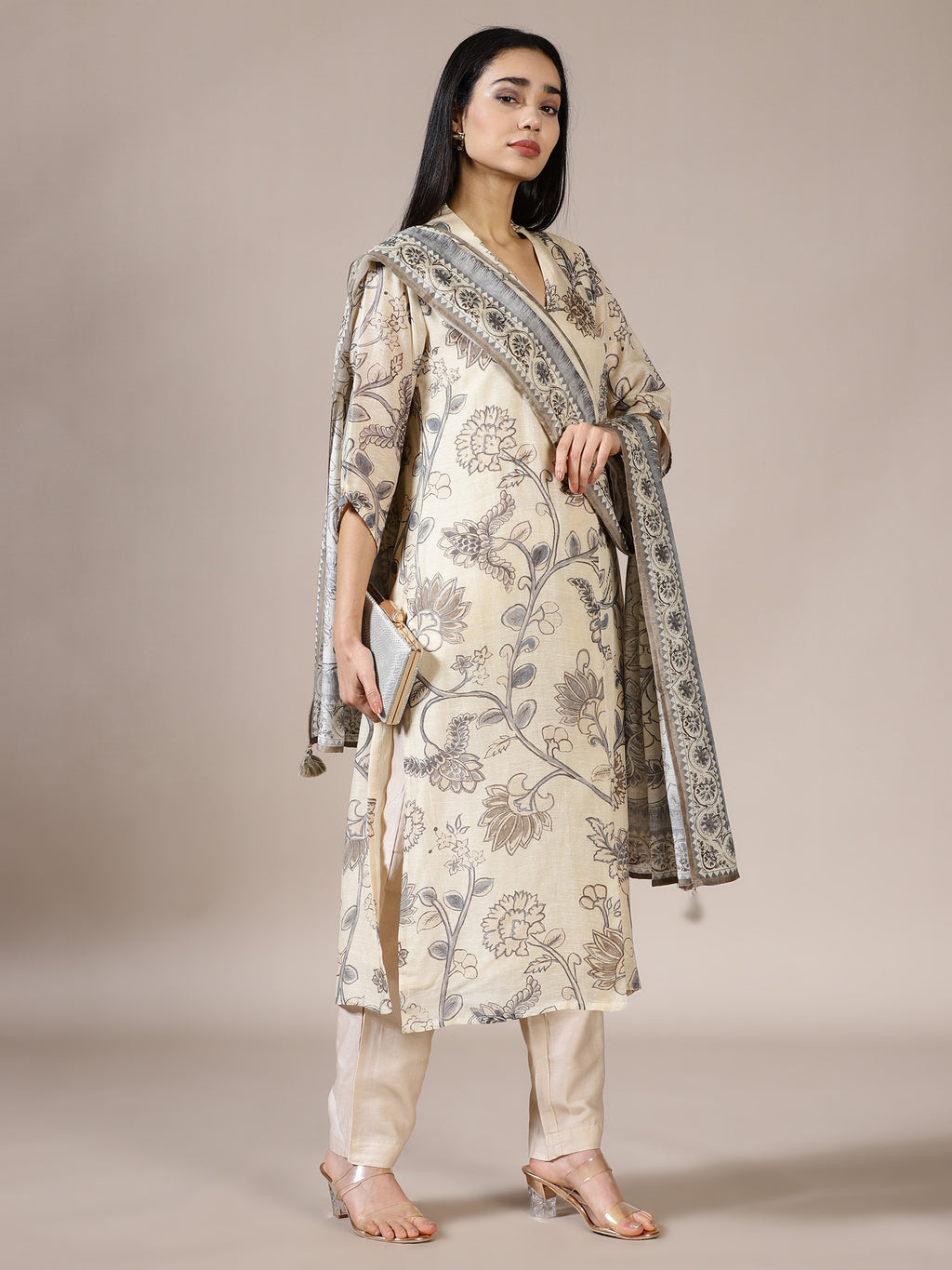 Off-White & Grey Printed Silk Blend Suit Set