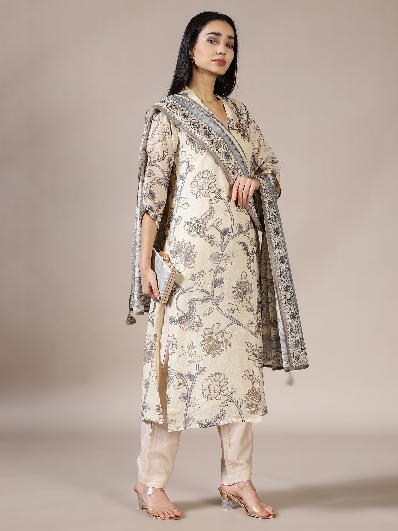 Off-White & Grey Printed Silk Blend Suit Set