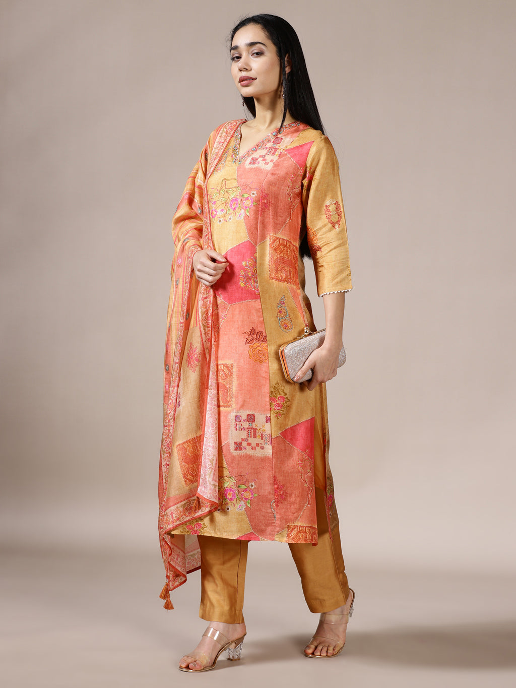 Saffron Patchwork Printed Suit Set